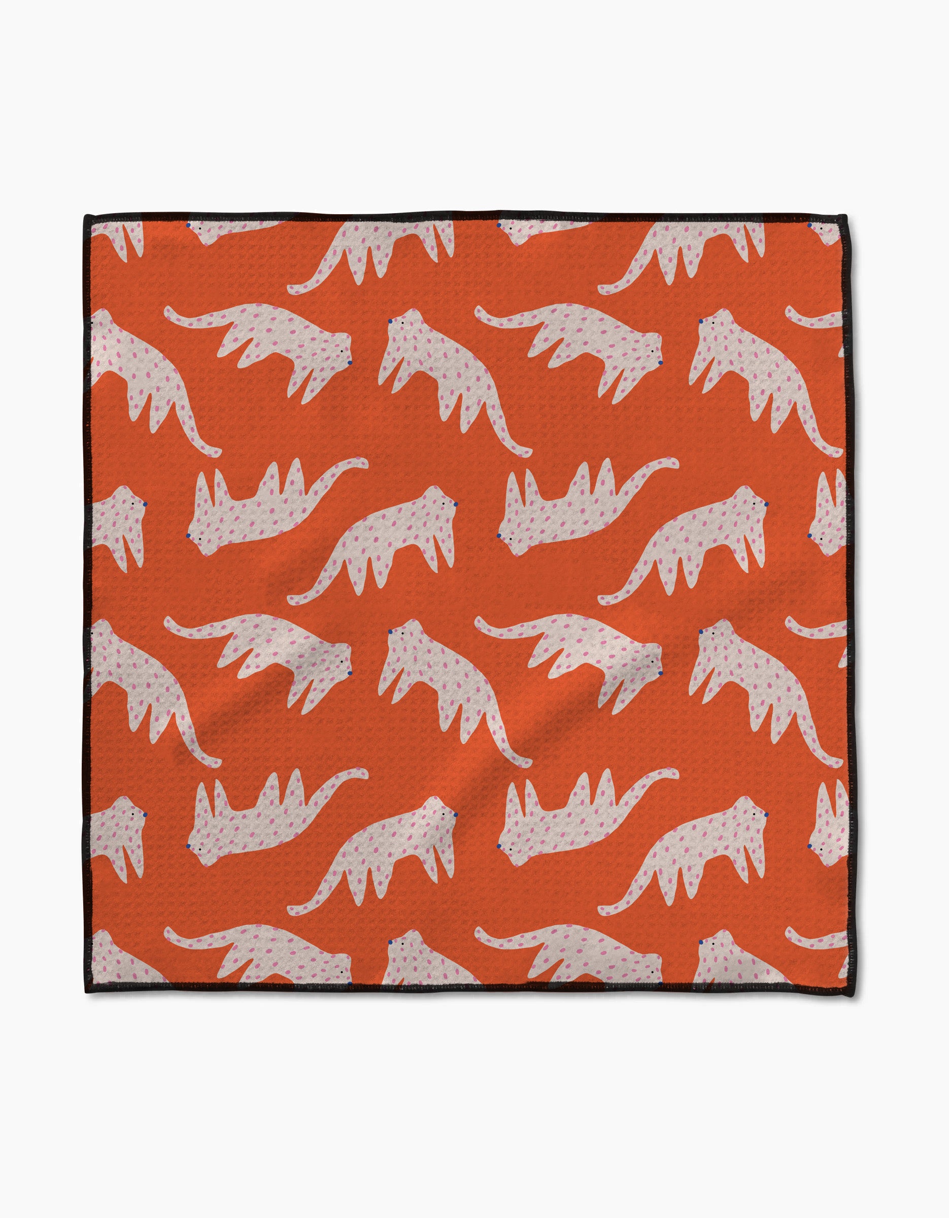 The Jennifer Bouron Cute Cheetah Paw Towel blanket features a repeating pattern of light pink spotted cats on an orange background, crafted with ultra-absorbent Geoweave fabric for comfort and style.