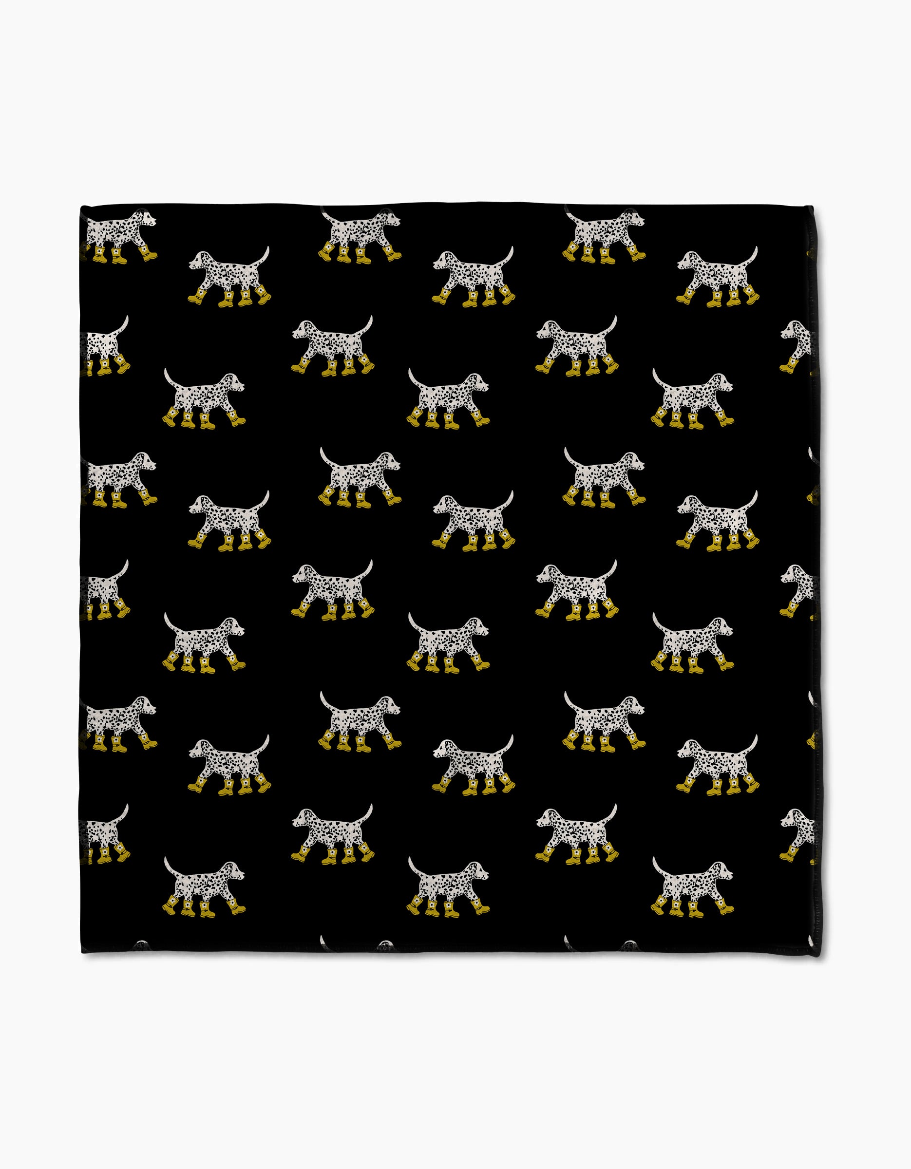 Dalmatian In Boots Black by Geometry features rows of spotted dogs in yellow rain boots on a black background. Printed on ultra-absorbent Geoweave fabric, this Paw Towel blends playful style with practical functionality.