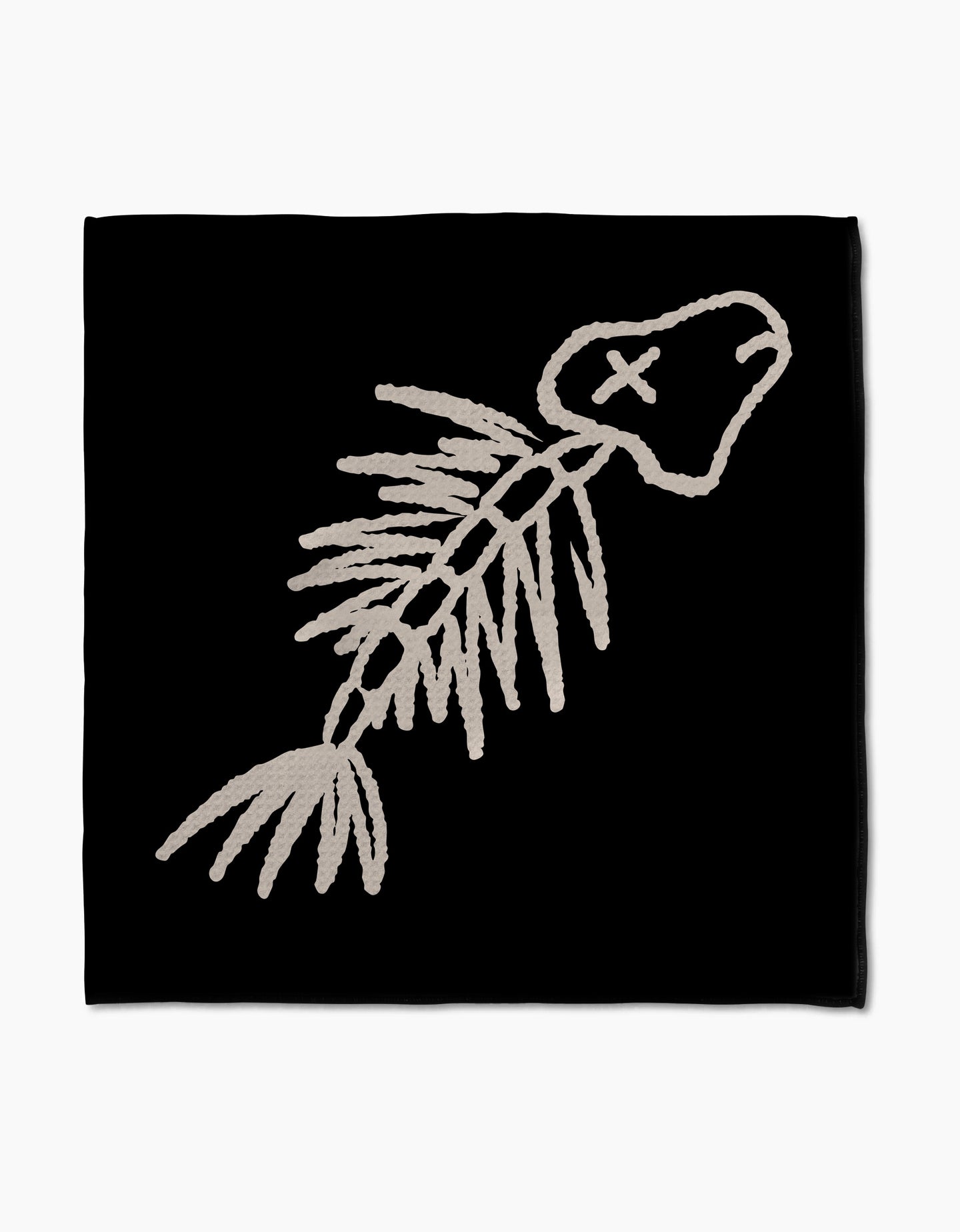 The Gone Fishing Paw Towel by Cole Strem features a simple beige line drawing of a fish skeleton with an X for an eye on ultra-absorbent Geoweave fabric, set on a solid black background.