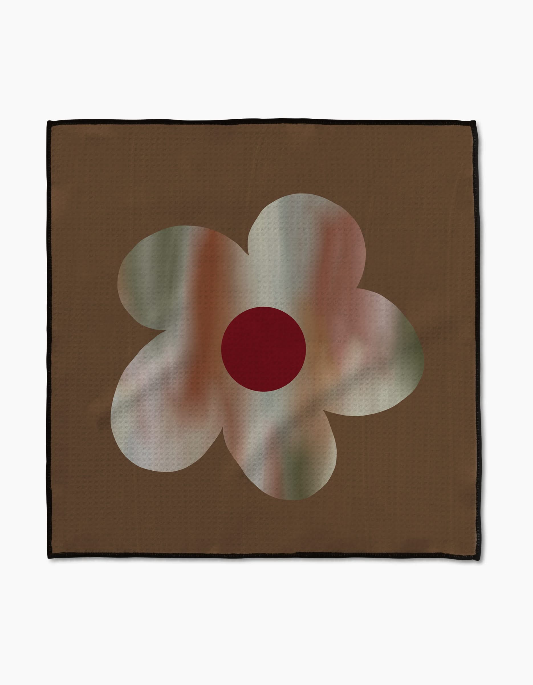 Geometry’s Brushed Bouquet Brown paw towel features a large, abstract five-petal pastel flower with a red center. Made from recycled materials, it has black edges and ultra-absorbent fabric.