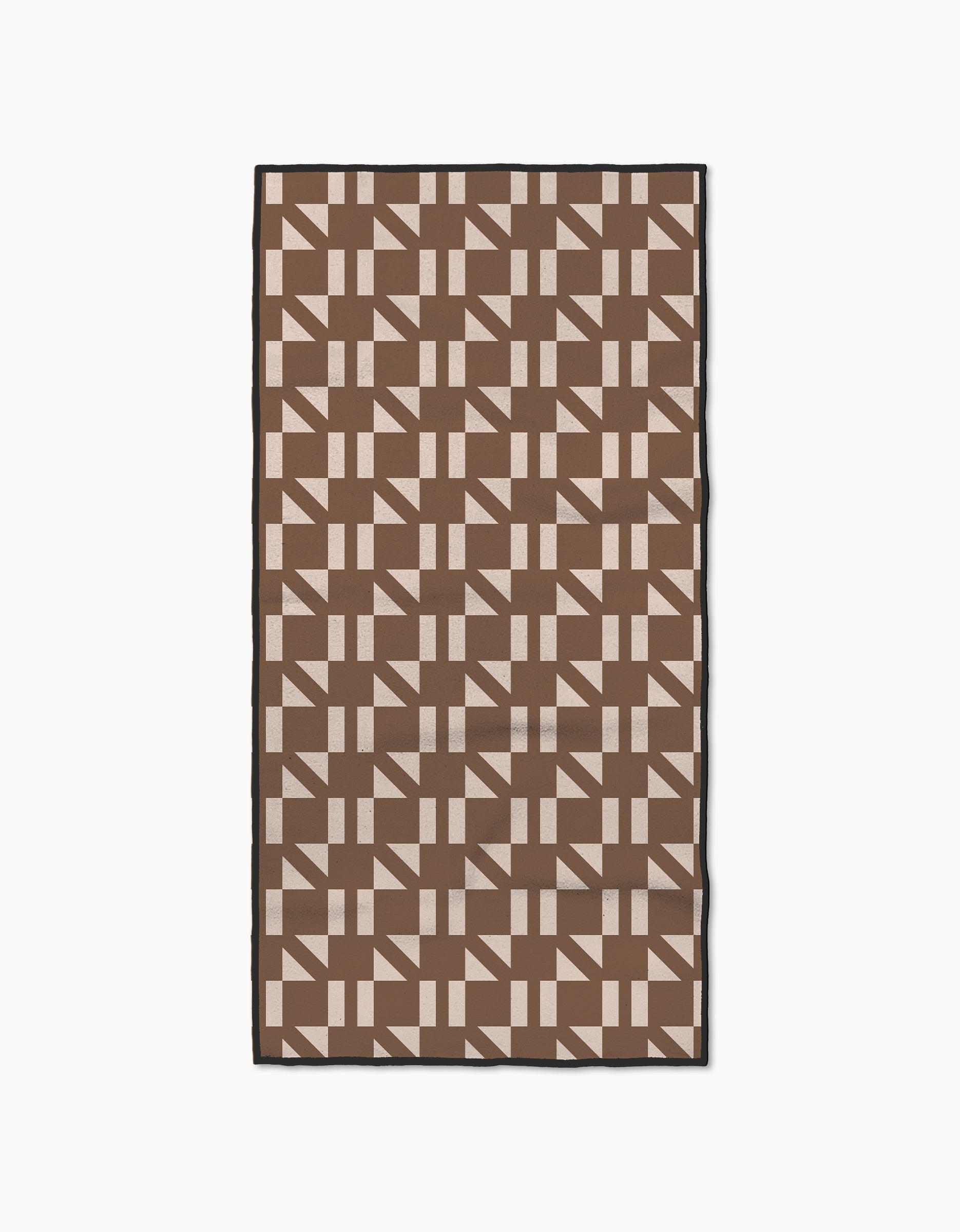 The Geometry Affogato Fitness Towel is rectangular and ultra-absorbent, featuring a tan and brown geometric grid pattern with a black border.