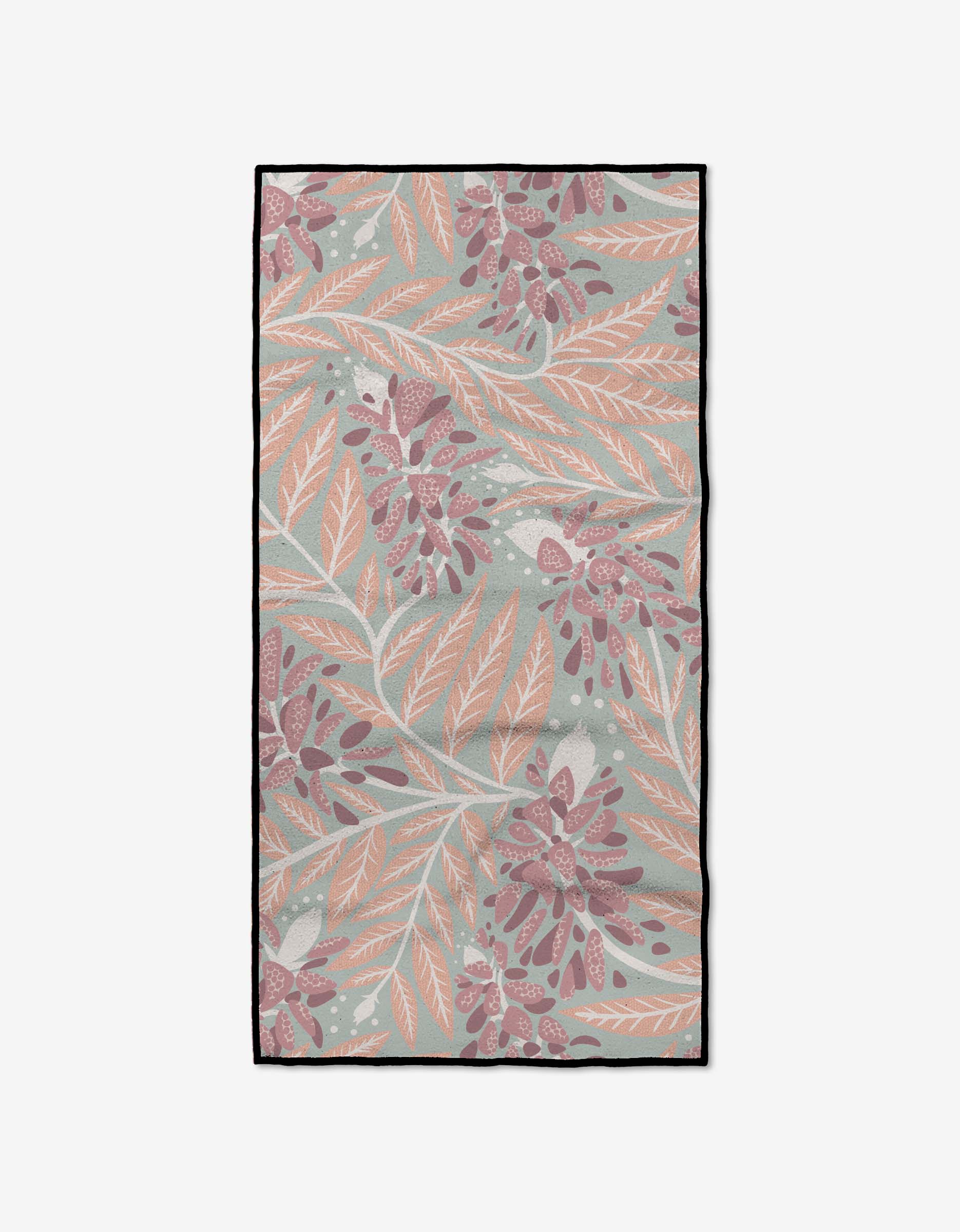 The Julianne Haness Bluebonnet fitness towel is rectangular, ultra-absorbent, and made from recycled materials. It features a botanical print with pink, peach, and purple leaves and flowers on light gray with a slim black border.