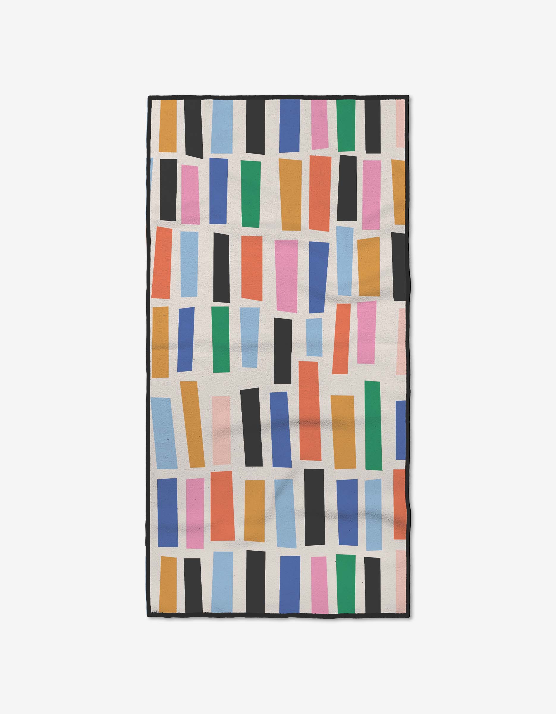The Bricks fitness towel by Jennifer Bouron features colorful vertical rectangles on a light beige background. Ultra-absorbent and made from recycled materials, its perfect for everyday use.