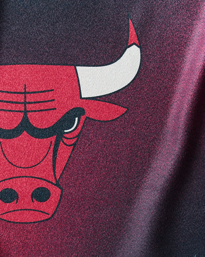 Close-up of the NBALAB x Geometry Bulls Fade gym towel, showing the left half of the Chicago Bulls logo—a partial red bull’s face with a white-tipped horn—set against a gradient dark background. Sustainable and stylish.