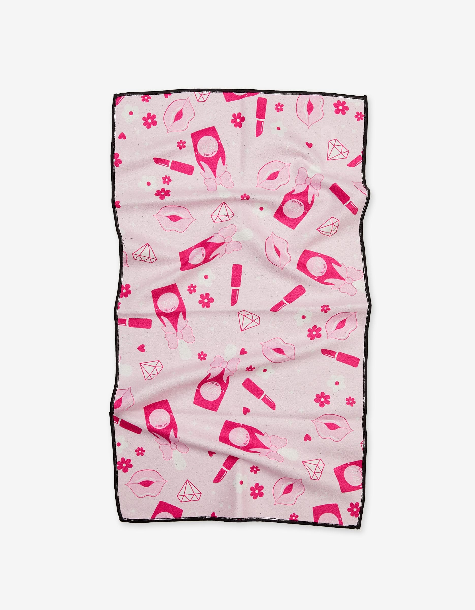 The GEOMETRY Cheers fitness towel is ultra-absorbent and pink, featuring a playful pattern of lipstick, lips, nail polish, diamonds, and flowers in pink and red hues with a thin black border.