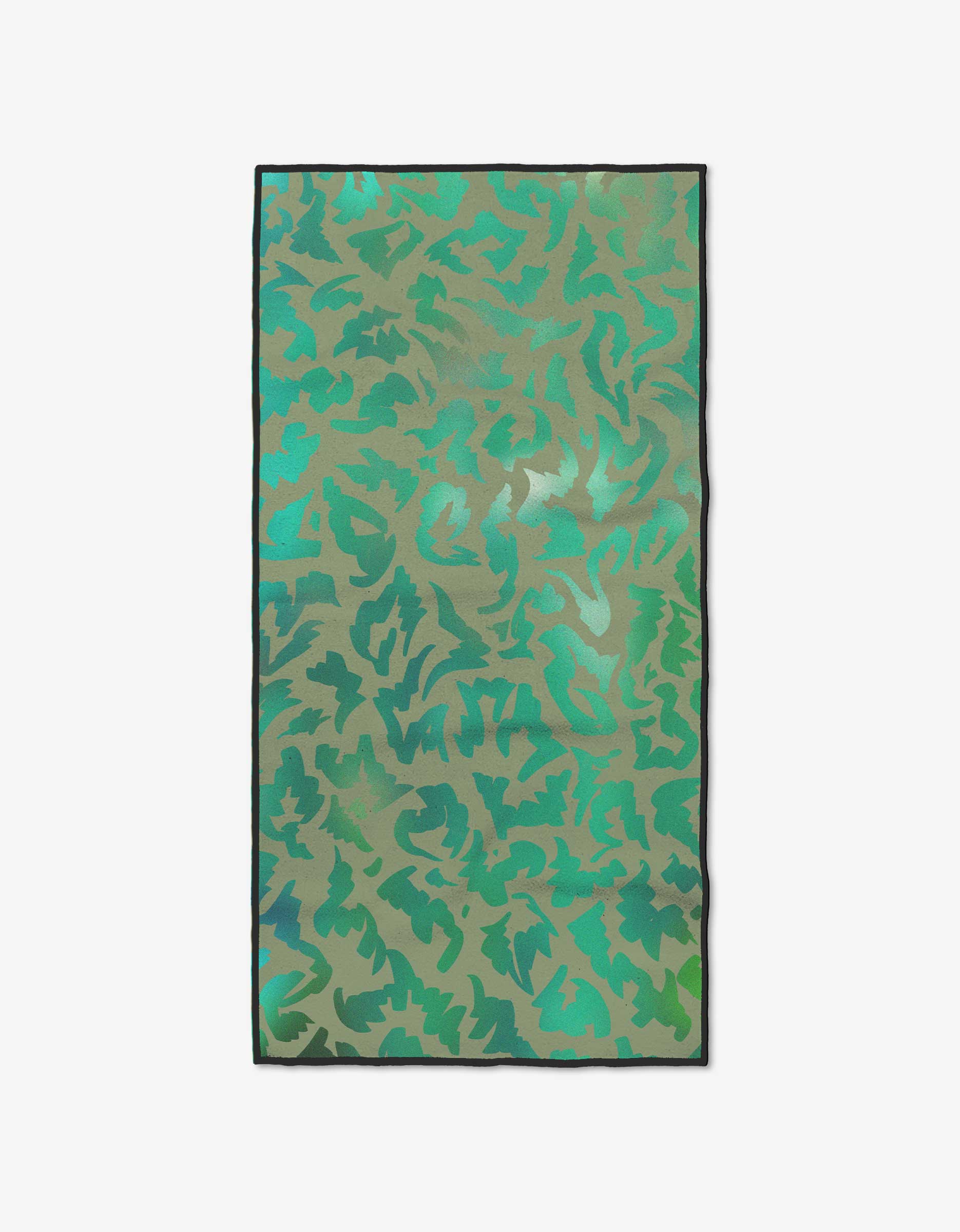 The GEOMETRY Chromagreen is a rectangular fitness towel with a green and teal abstract camo pattern and black trim, shown flat on white. Made from ultra-absorbent recycled materials for top performance.