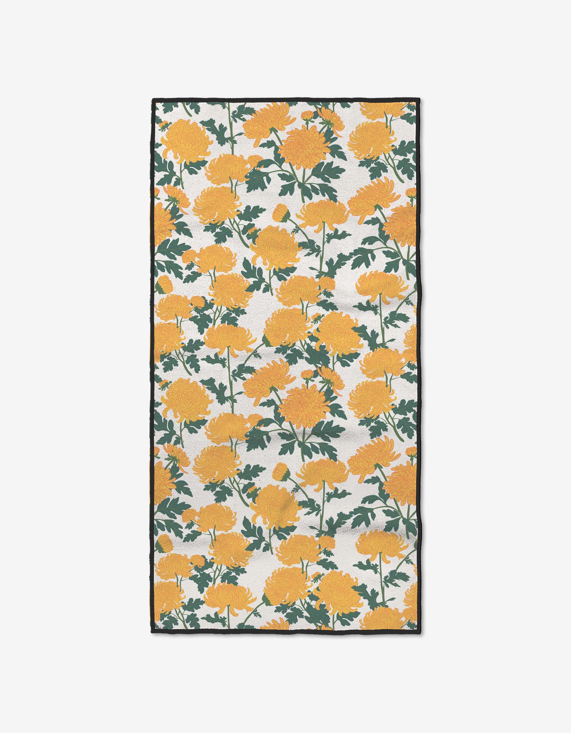 The Chrysanthemum fitness towel by Vaishali Design Studio features a vibrant yellow chrysanthemum and green leaf pattern on white, edged in black, and is made from ultra-absorbent Geoweave fabric.