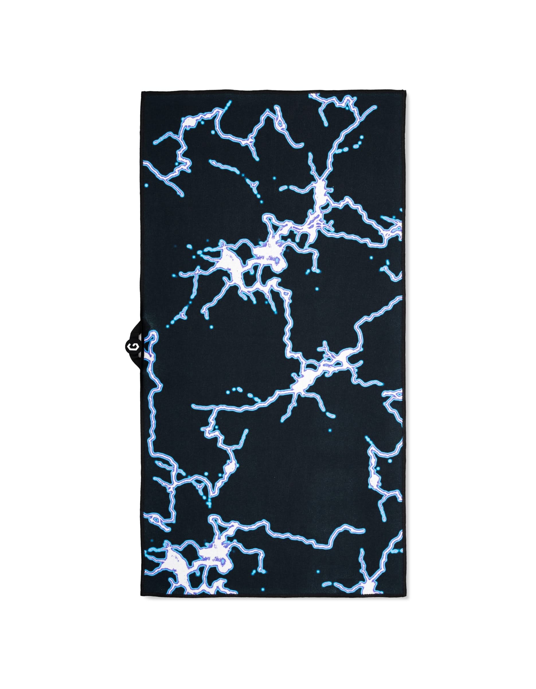 The Magna - Electric Flash by GEOMETRY is a rectangular black ultra absorbent towel with white and light blue electric lightning streaks—ideal as a gym towel for your fitness routine.
