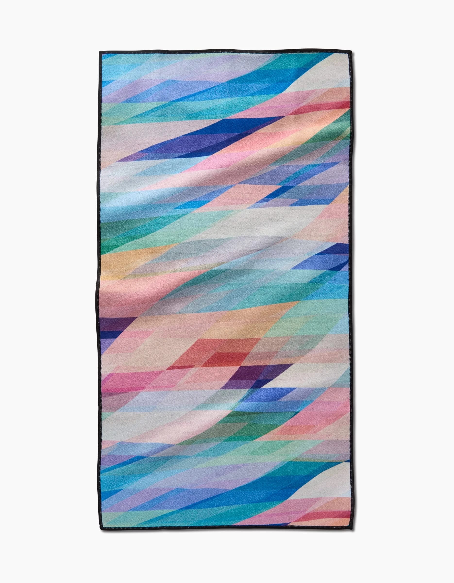 The Rachel Parker Eventide fitness towel features a geometric diamond pattern in blue, pink, purple, green, and peach with a black border, crafted from ultra-absorbent recycled materials.