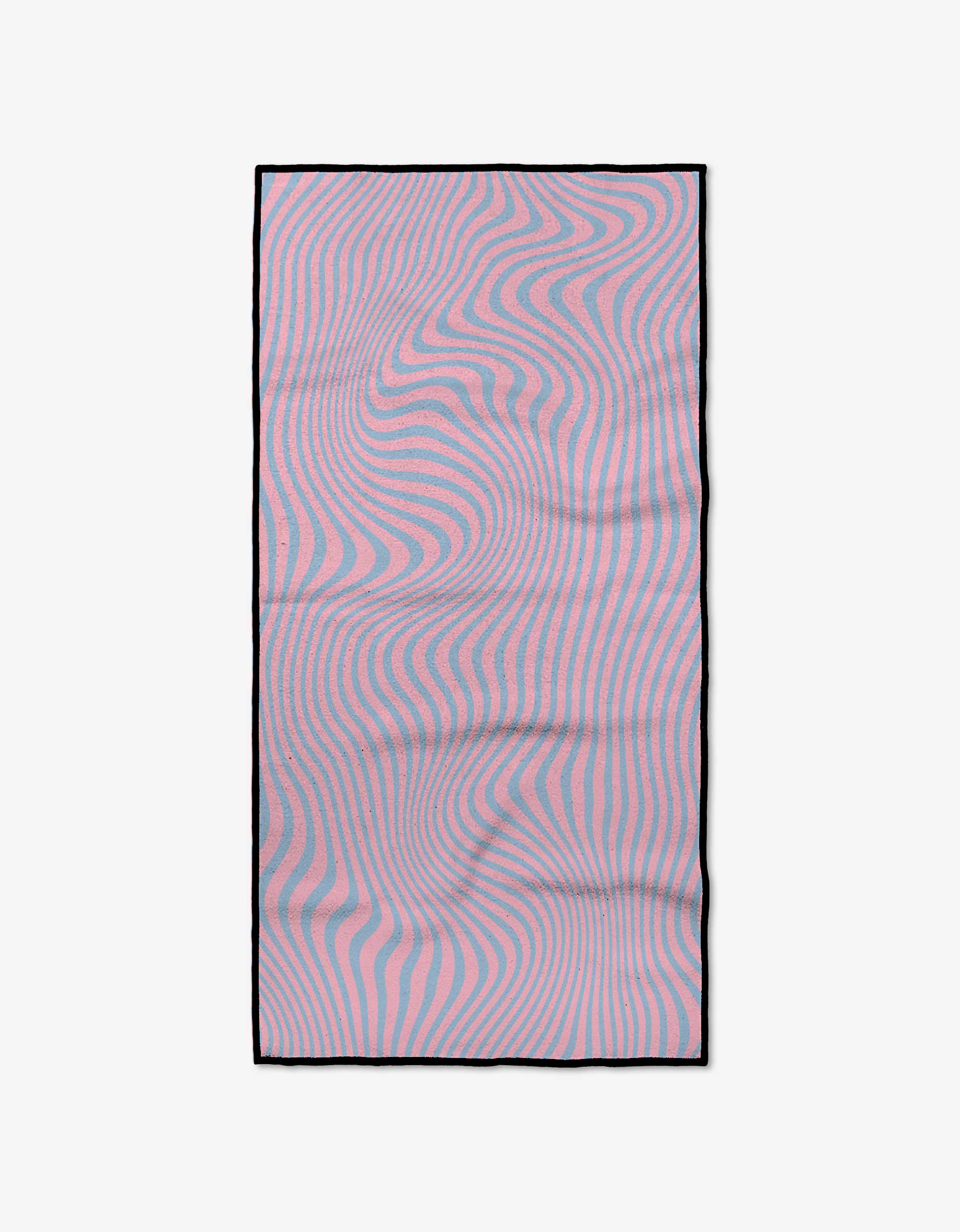The GEOMETRY Vibe Check Fitness Towel features a pink and blue wavy optical illusion design with a thin black border, made from ultra-absorbent recycled materials, shown flat on a light background.