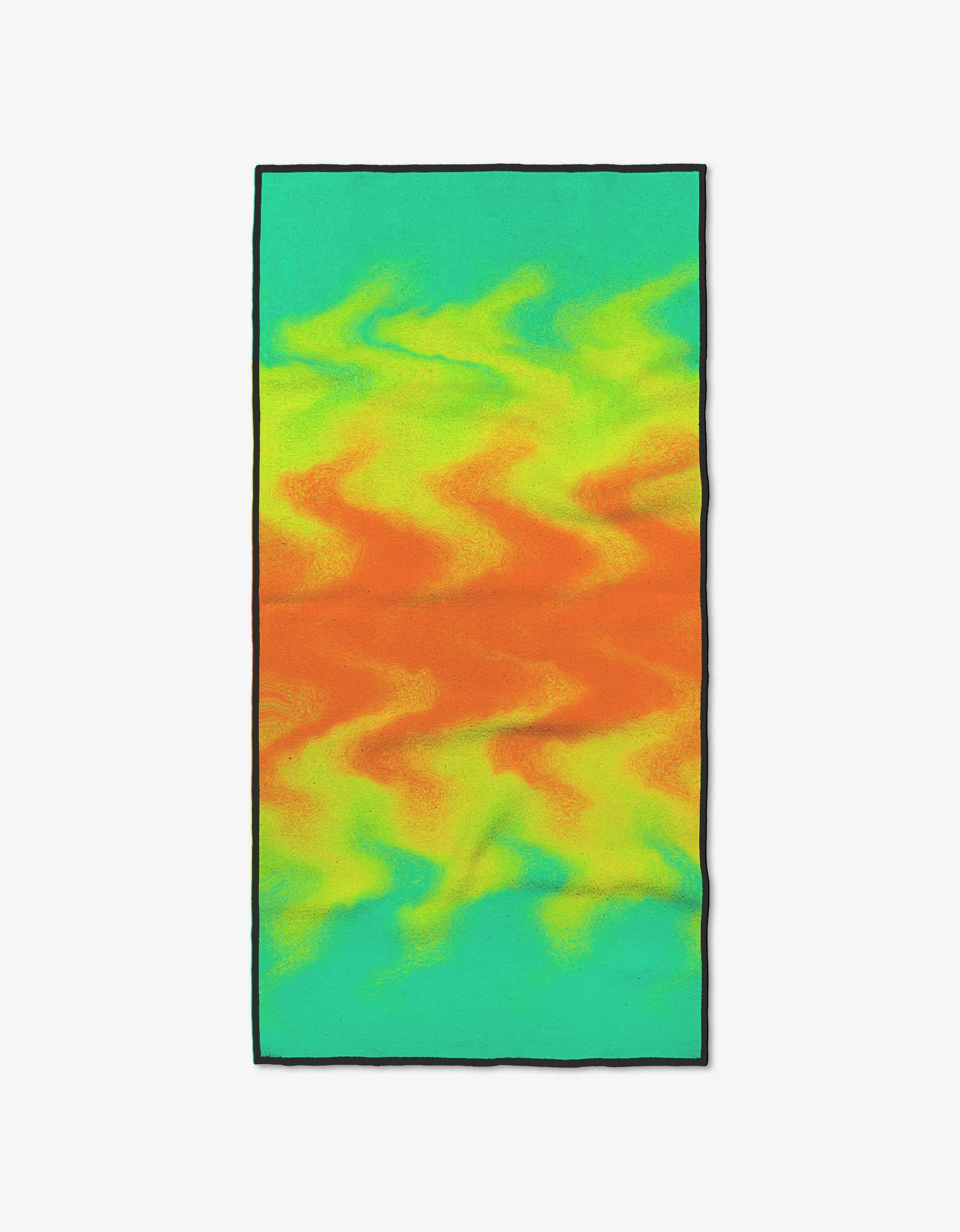 The GEOMETRY Flame Fusion Fitness Towel features a bold, wavy pattern in turquoise, yellow, and orange with a thin black border—crafted from Geoweave fabric and shown on a white background.