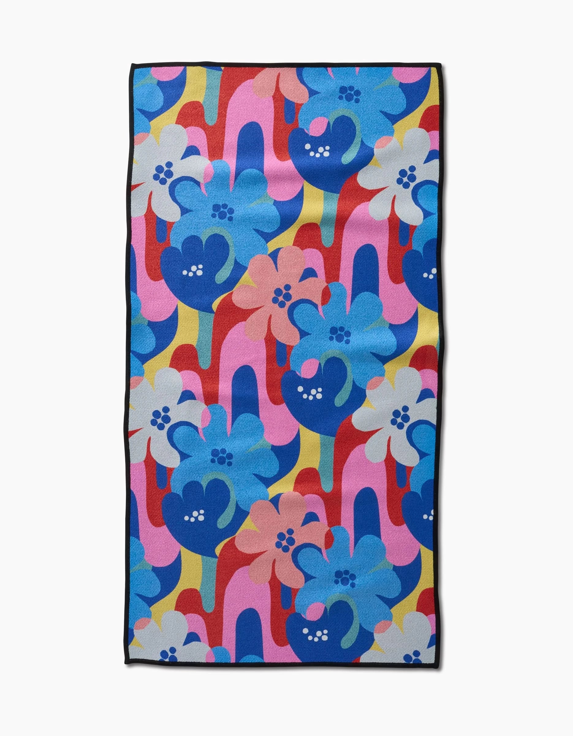 The Flower Powers rectangular fitness towel by Masha Volnova features bold, abstract floral patterns in blue, pink, red, and yellow on ultra-absorbent recycled material.