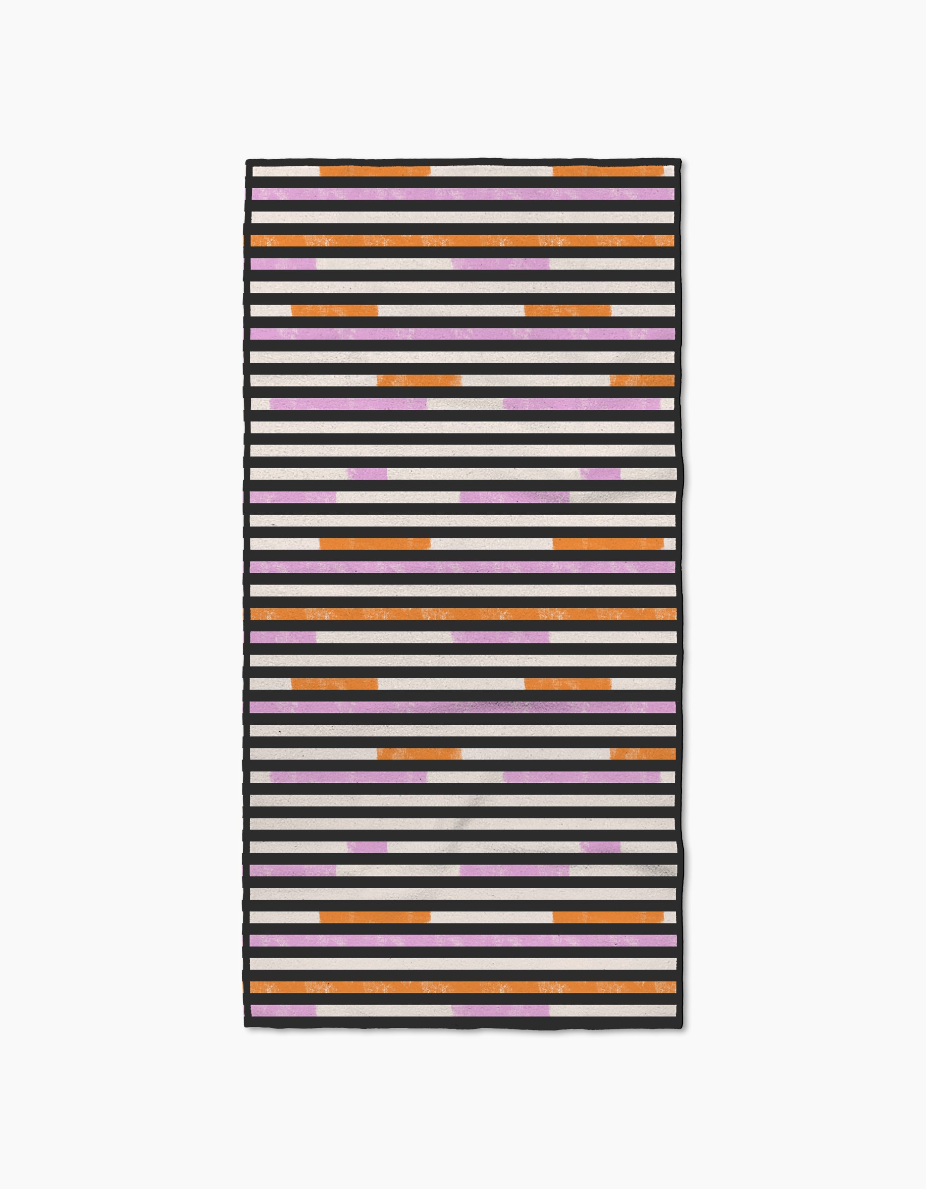 The Funk On rug by Geometry features horizontal black, white, and beige stripes with pops of orange, brown, and purple blocks. Made from recycled materials, it showcases a geometric design and a sleek black border for a modern appeal.