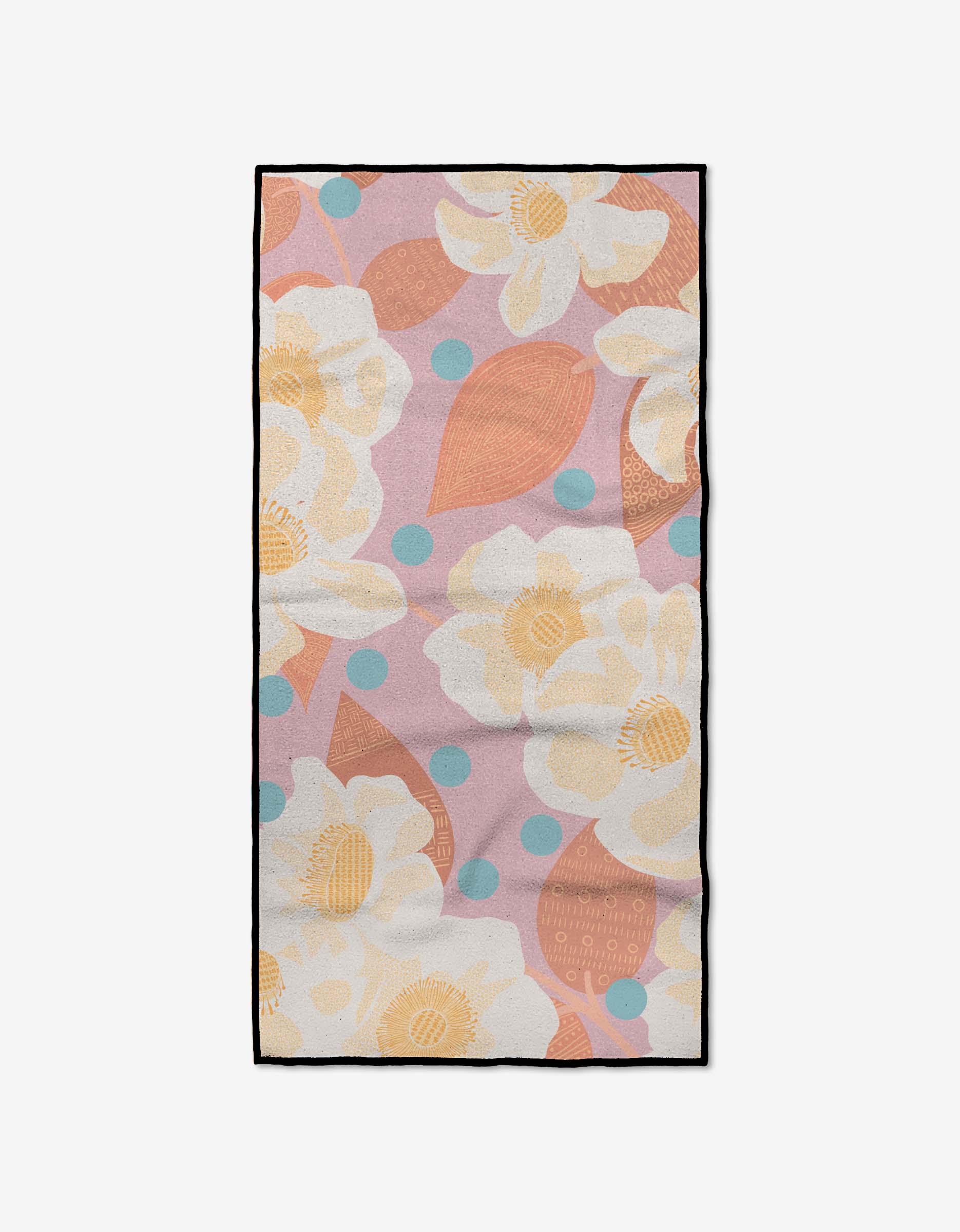 The Georgia Rose fitness towel by Julianne Haness features a pastel pink background with large yellow and white flowers, orange leaves, and light blue polka dots. Made from ultra-absorbent recycled materials with black-bordered edges.