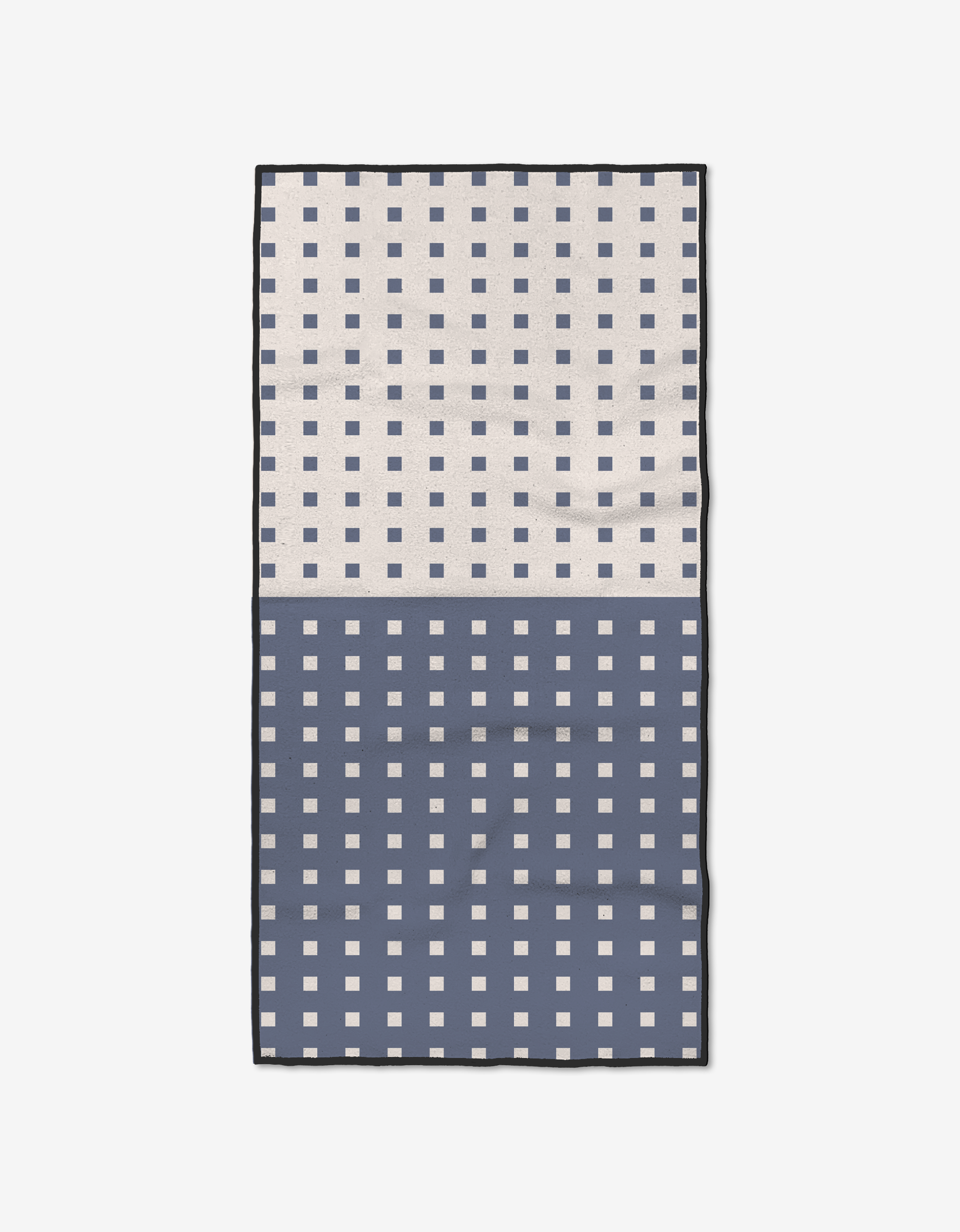 The Harmony Haze by Happy Hemera is a rectangular fitness towel with a grid of small white squares, featuring a light beige top, dark blue bottom, black border, and is ultra-absorbent—crafted from recycled materials for sustainability.