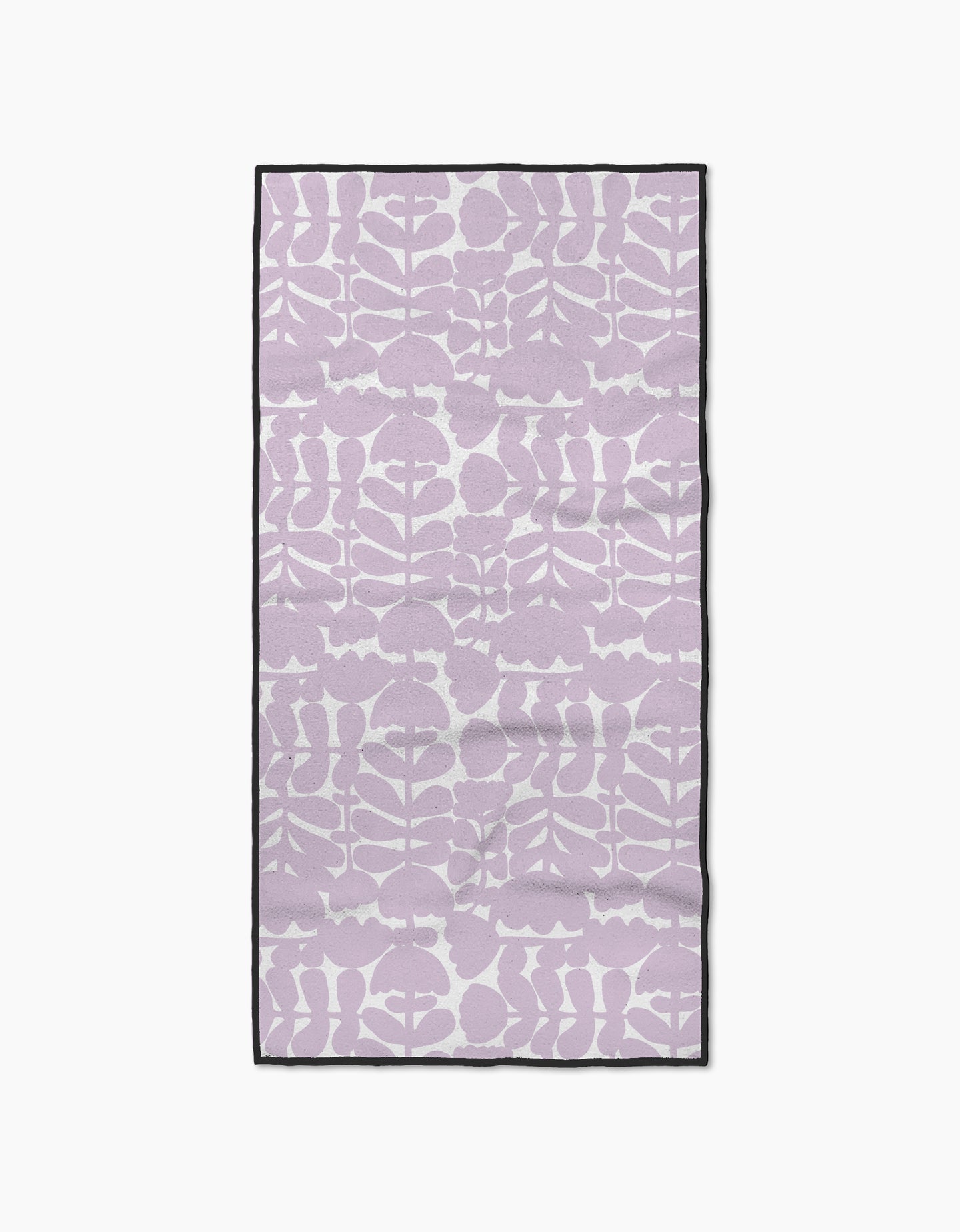 The Katie OShea Lavender Scandi Flowers towel features a rectangular, ultra-absorbent design with a light purple and white abstract botanical pattern and a slim black border, shown flat on a white background.