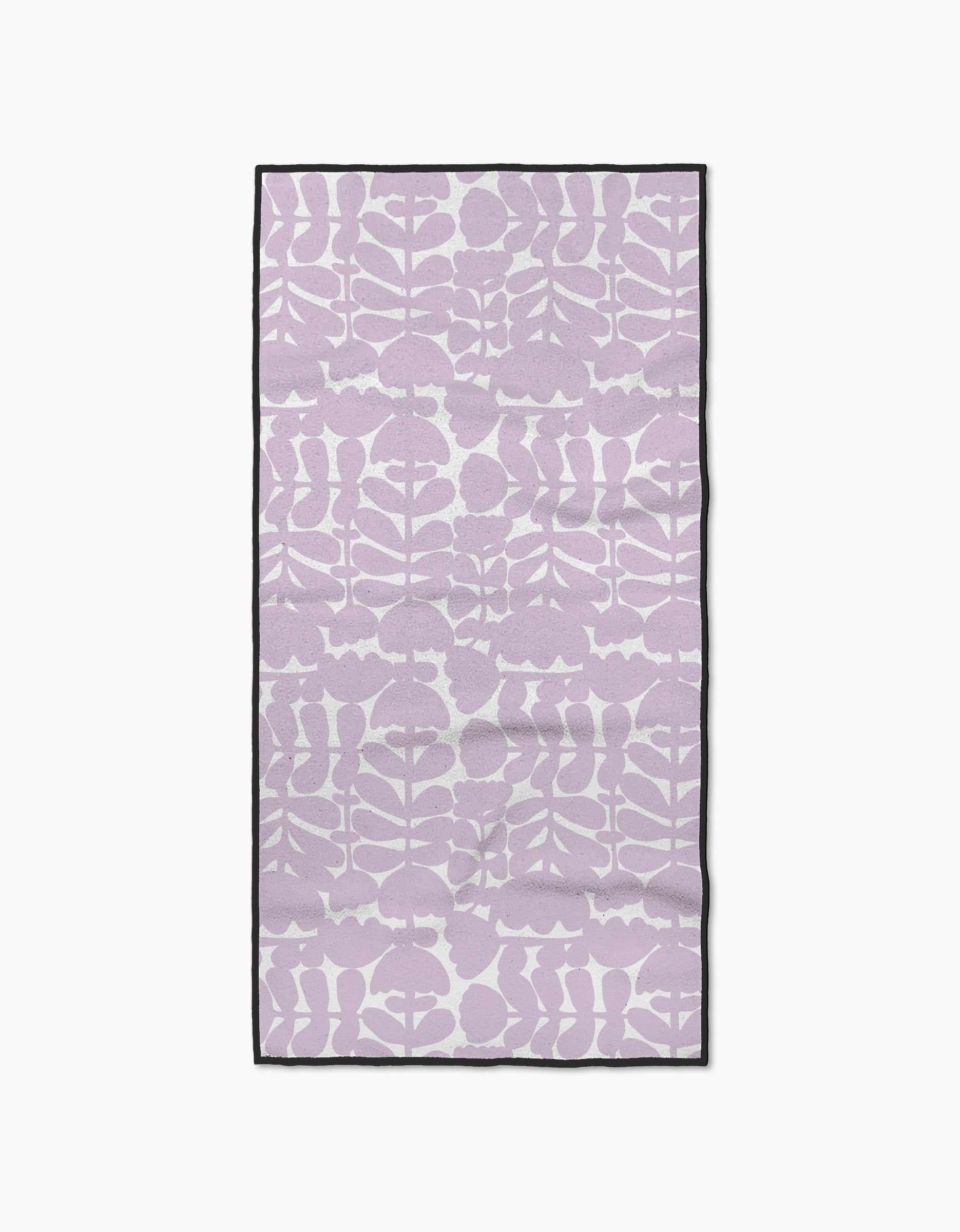 The Katie OShea Lavender Scandi Flowers towel features a rectangular, ultra-absorbent design with a light purple and white abstract botanical pattern and a slim black border, shown flat on a white background.