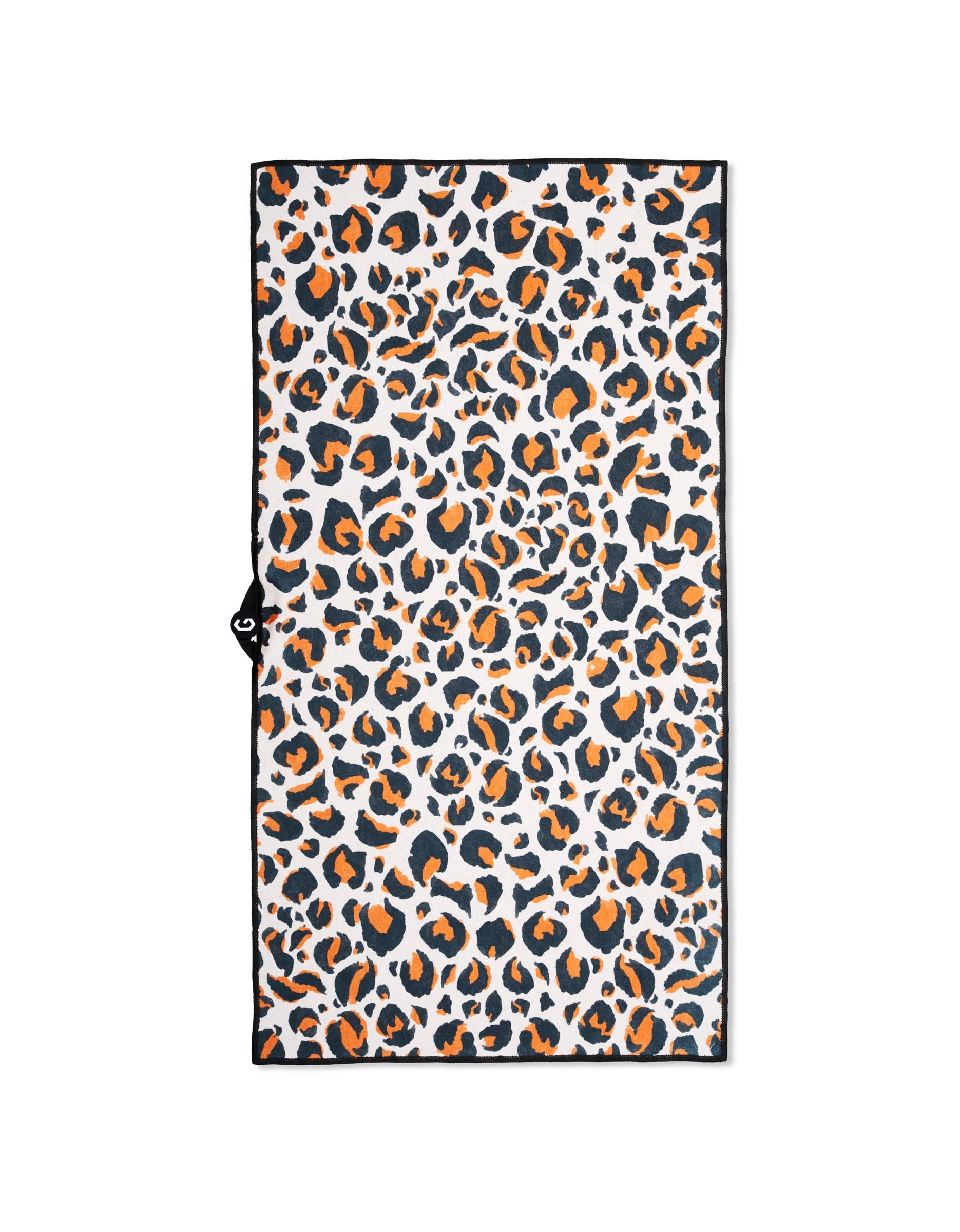 The Magna - Leopard fitness towel by GEOMETRY features a black, orange, and beige leopard print on white with a thin black border. Ultra-absorbent and ideal for gym sessions.