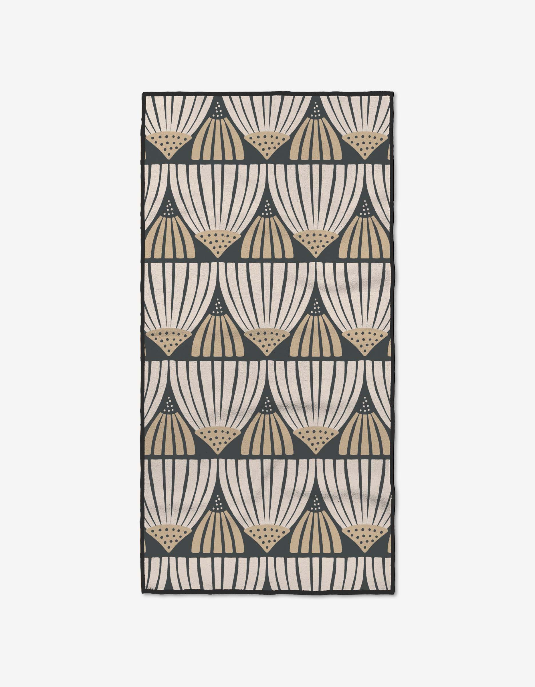 The Letitia rug by Amy MacCready features a repeating geometric fan design with dotted accents in black, beige, and cream, arranged in horizontal rows on a light background. Made from recycled materials.
