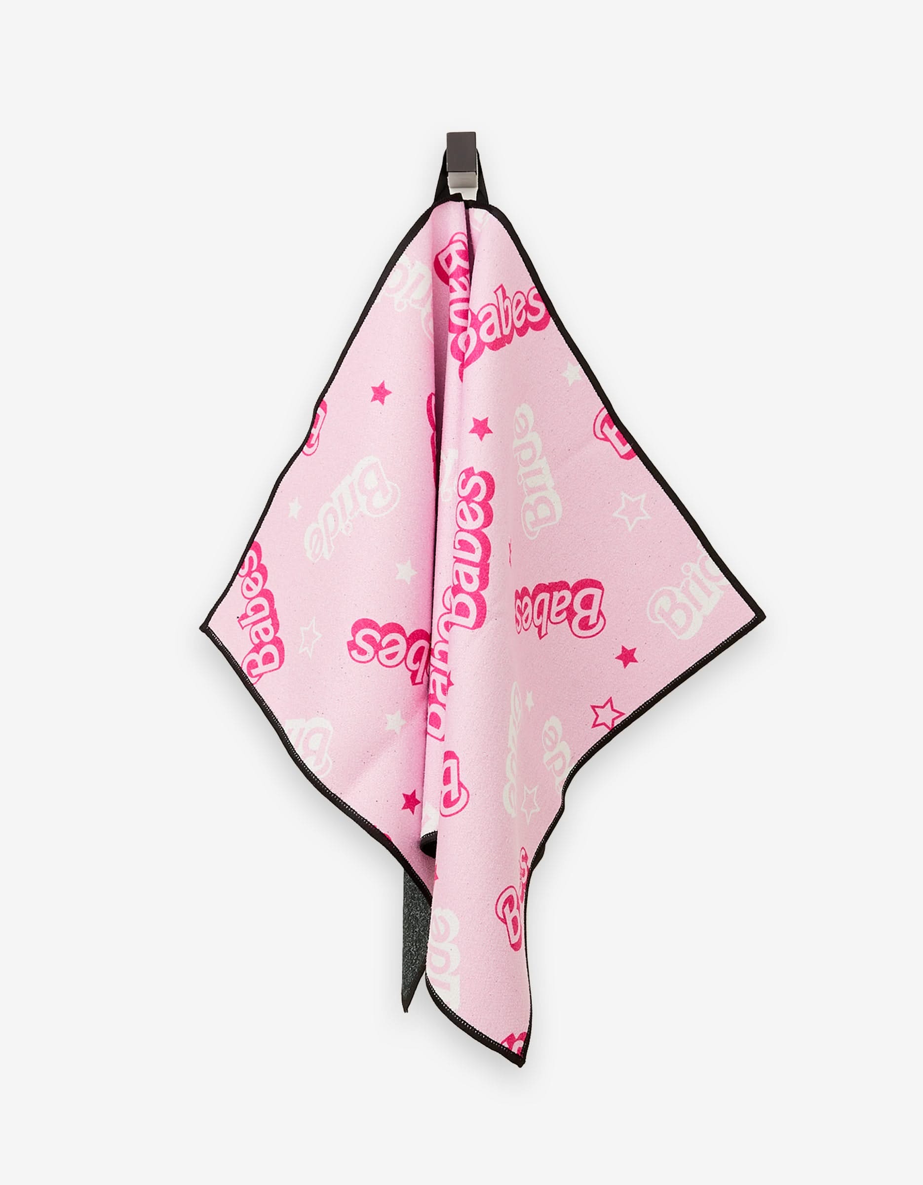 The Lets Go Party Fitness Towel scarf by GEOMETRY is a pink square with a black border, white and hot pink Babes text, star designs, made from post-consumer recycled materials, shown hanging from a black clip on white.