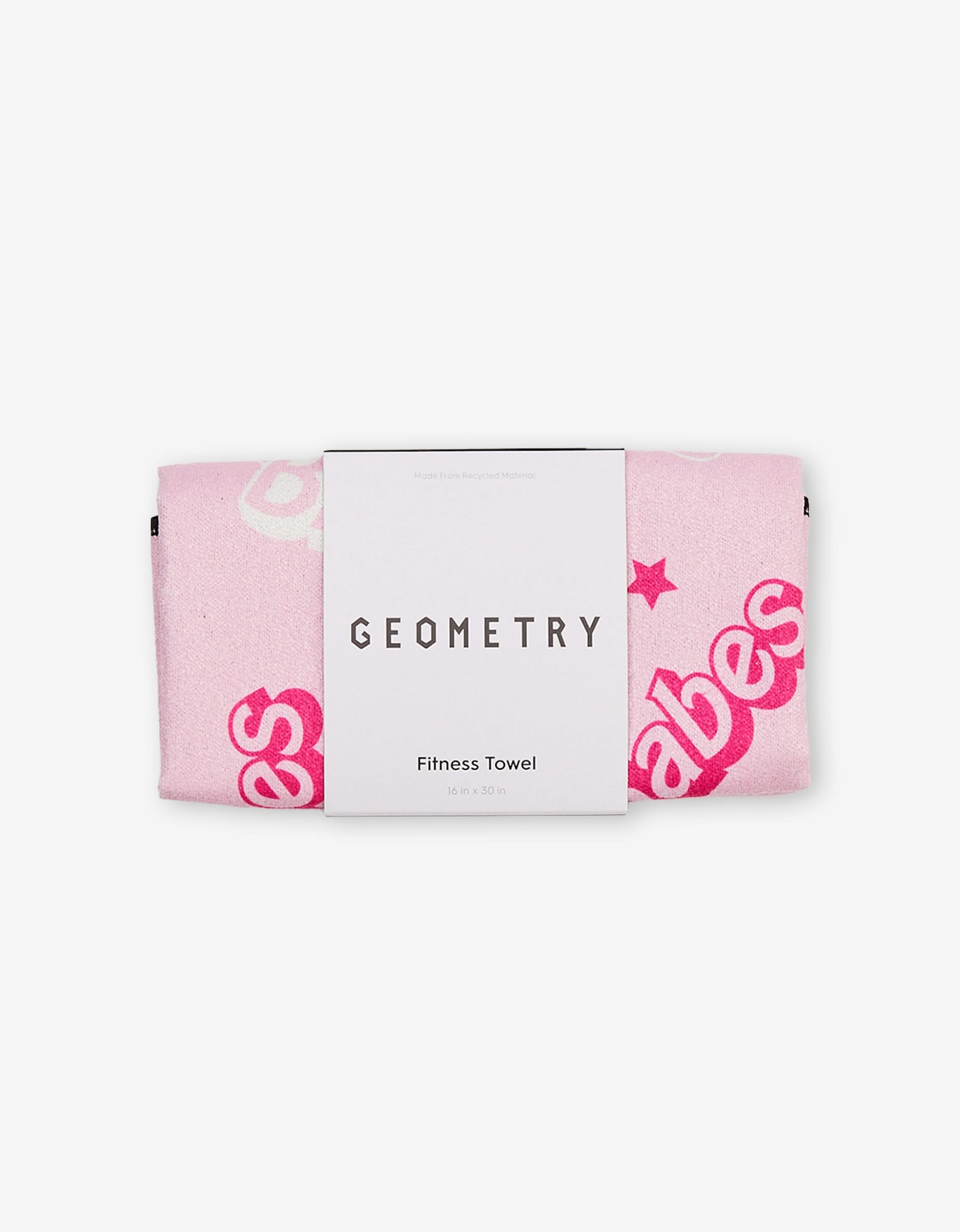 A pink ultra-absorbent GEOMETRY fitness towel named Lets Go Party, featuring “babes” in bold pink letters, neatly folded with a white label. Made from post-consumer recycled materials for a sustainable workout.