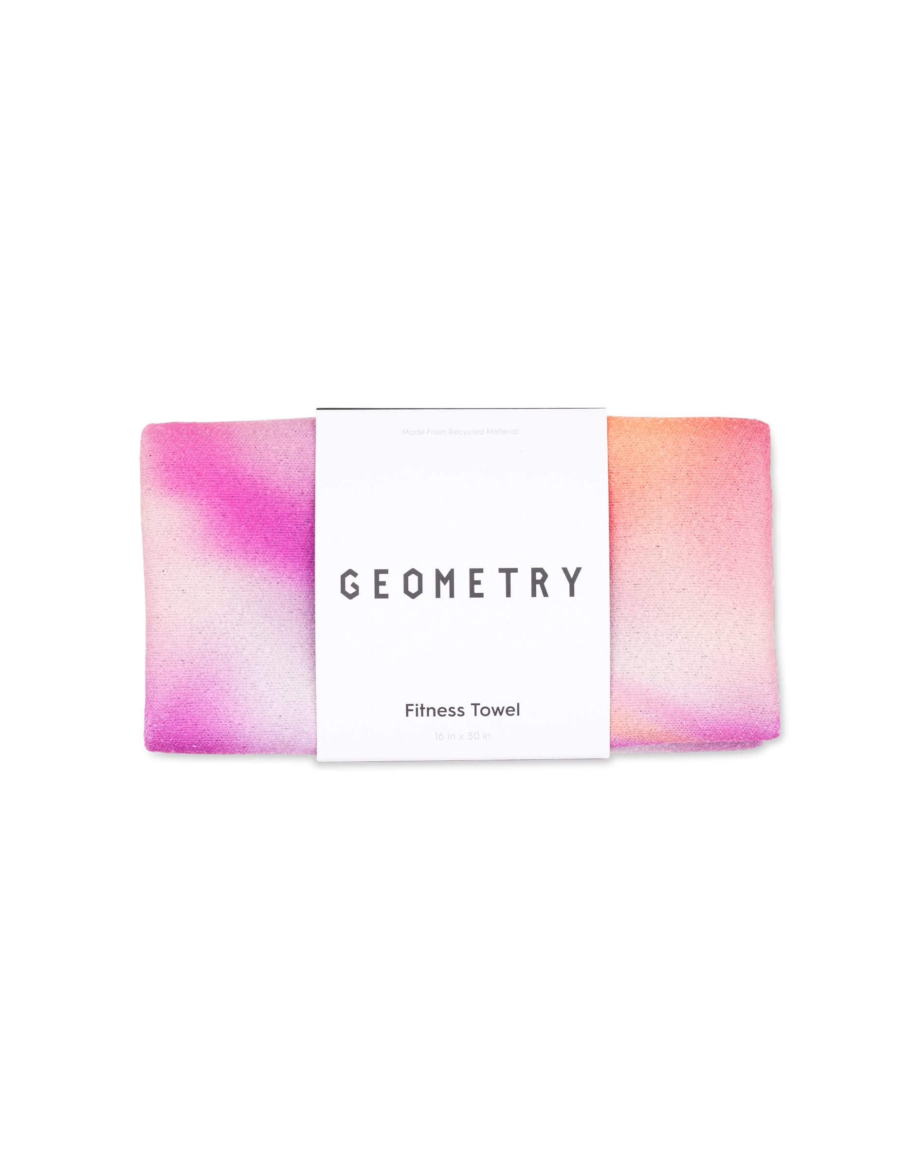 The GEOMETRY Magna - Magenta Fitness Towel features a pink, purple, and orange gradient design. Ultra-absorbent and folded with a white brand label, its perfect for all your workout needs.
