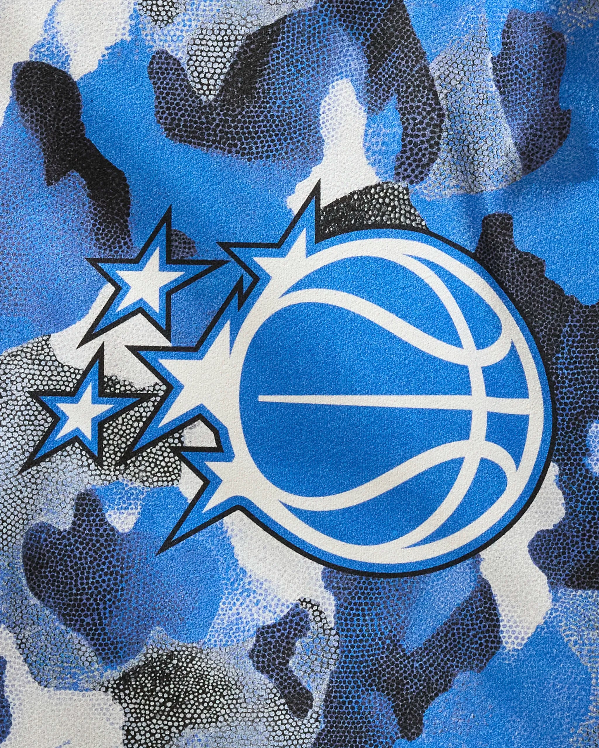The NBALAB x Geometry "Magic Camo" features a blue and white basketball logo with three shooting stars on a camo background—ideal as a sustainable NBA fitness or workout towel.
