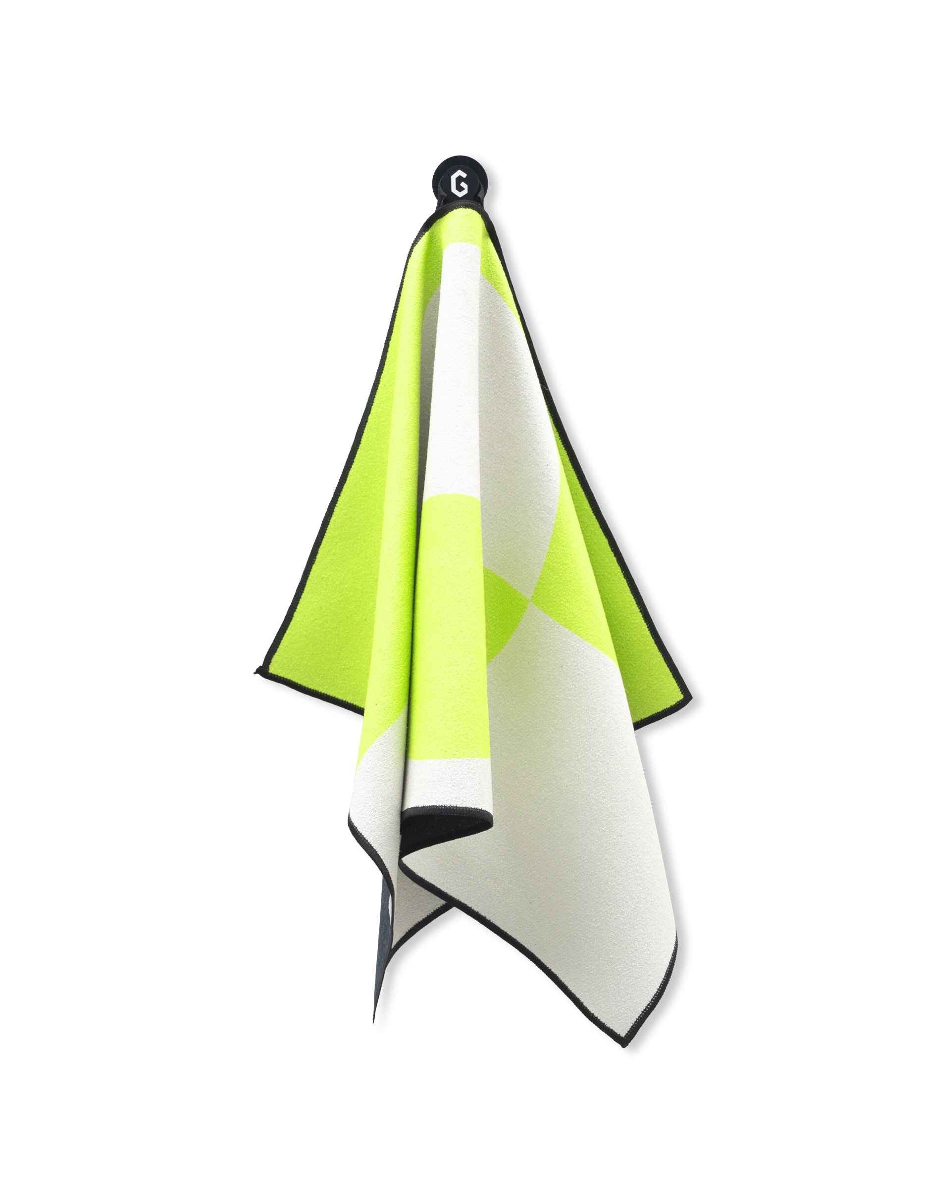 The GEOMETRY Magna - Modern Edge fitness towel features a white base with bold yellow-green geometric patterns, black trim edges, and a black hanging loop. Made from ultra-absorbent recycled materials, it is shown against a white background.