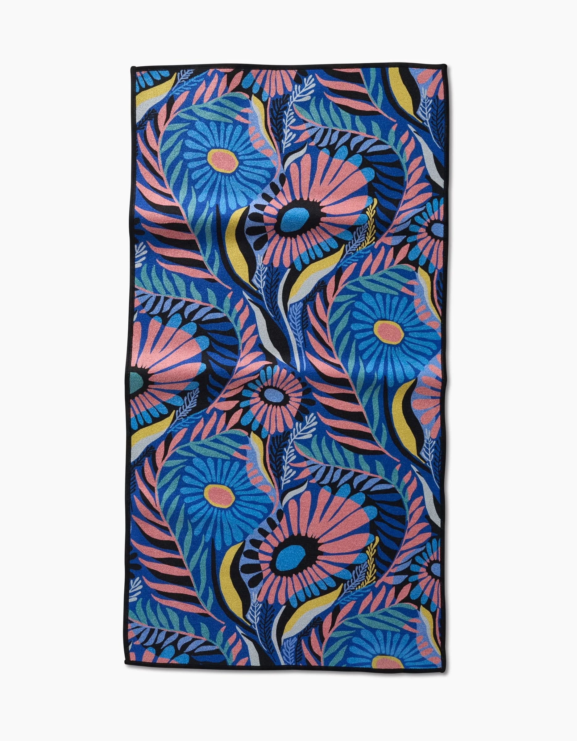 The “Palm Beach” fitness towel by Masha Volnova features a vibrant abstract floral pattern with pink and blue flowers and green leaves. Crafted from ultra-absorbent recycled materials for both style and sustainability.
