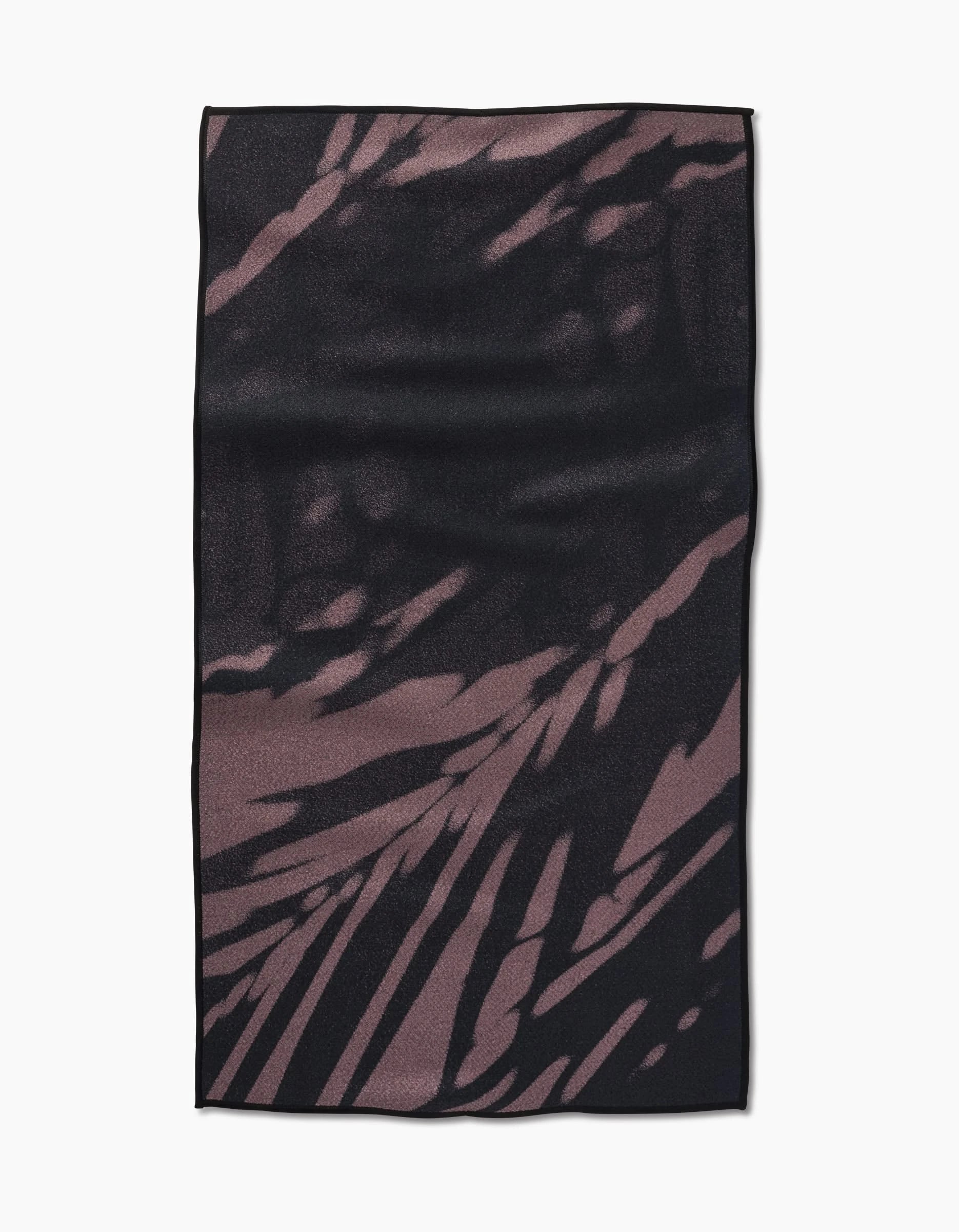 The GEOMETRY Palm Shadow Fitness Towel is rectangular, ultra-absorbent Geoweave fabric with a dark brown and black abstract palm leaf pattern, shown flat on a white background.