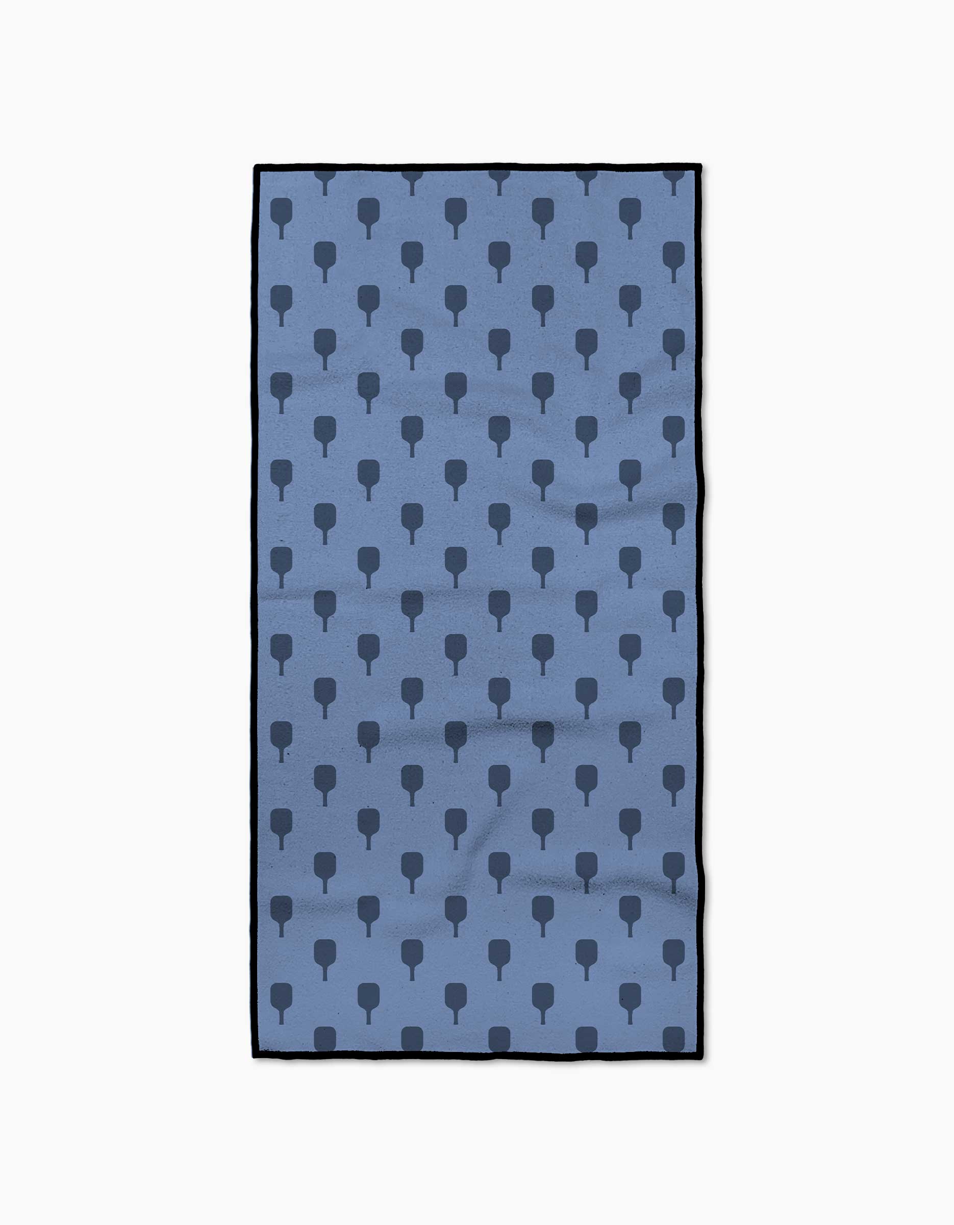 The Modern Dad’s “Pickle Ball Anyone” towel is rectangular, blue, and ultra-absorbent, made from recycled materials. It features small dark blue popsicle shapes in neat rows, a thin black border, and is set against a plain light background.