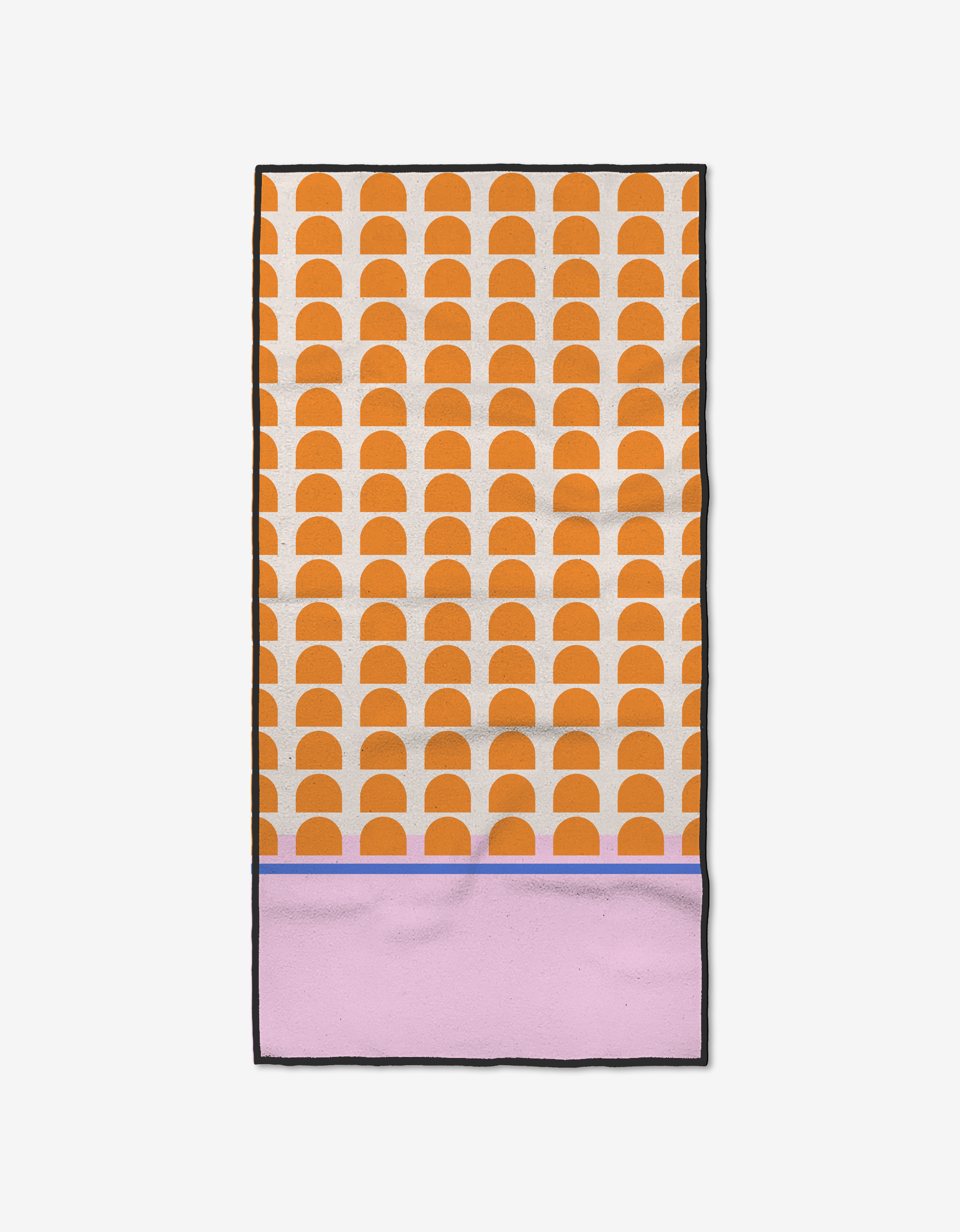 The Pink Illusion by Happy Hemera is a rectangular, ultra-absorbent fitness towel with orange semicircles on beige, a purple stripe, and a light pink bottom section.