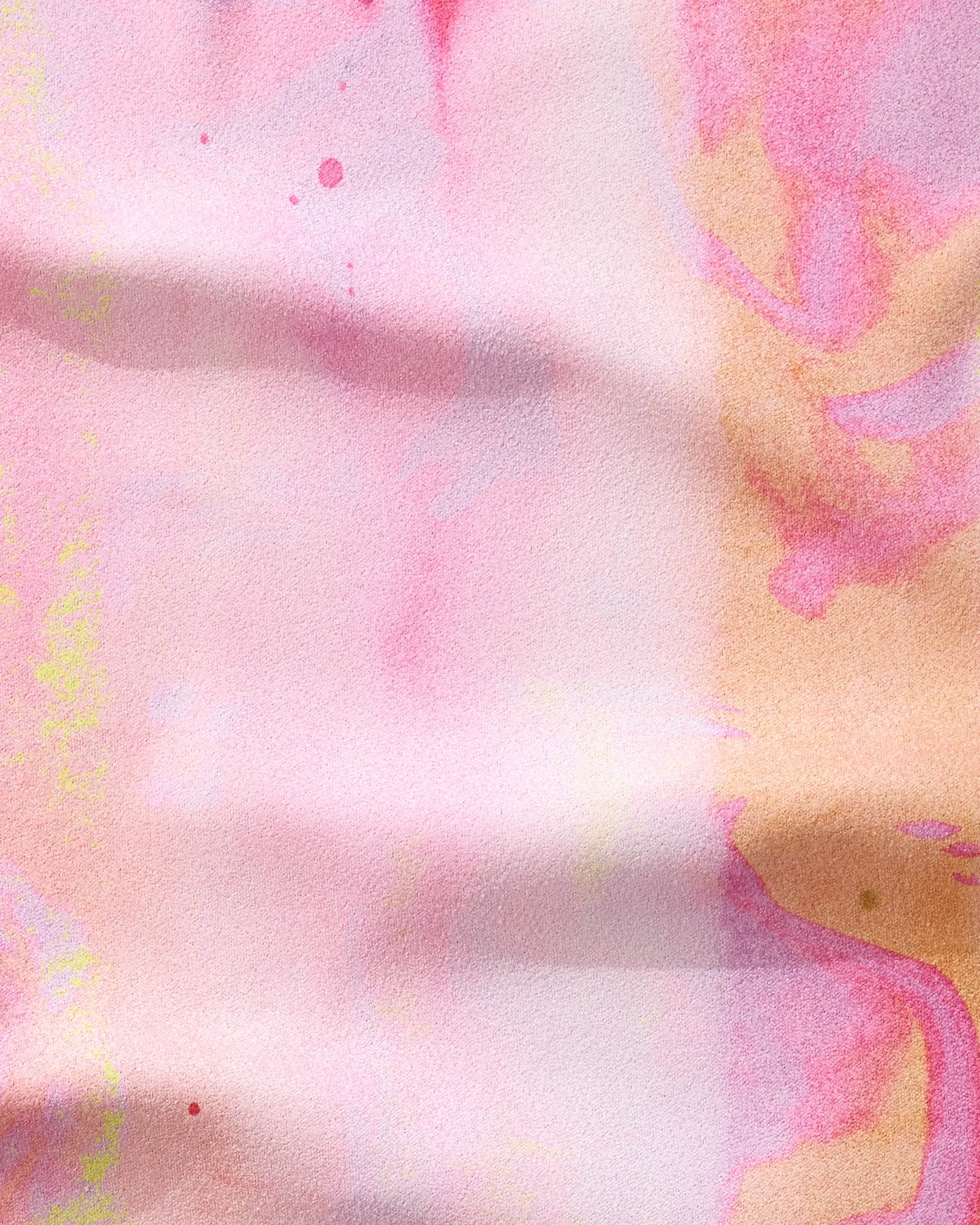 Purity by GEOMETRY features soft pink, peach, and yellow watercolor textures with faint creases and subtle splatters—an ultra-absorbent fitness towel designed for fast drying and gentle pastel transitions.