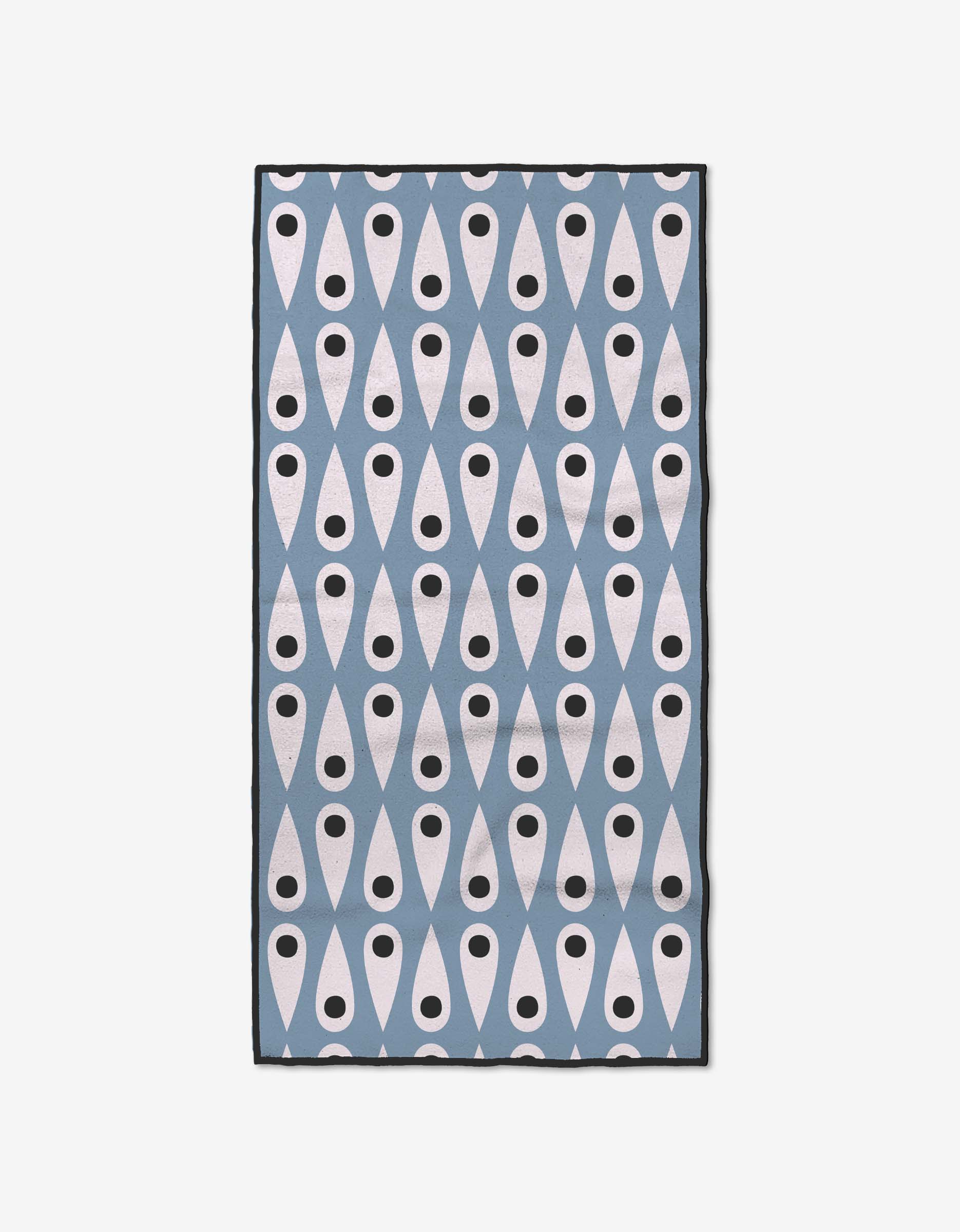 Introducing Retro Rain by Anette Heiberg: a rectangular, ultra-absorbent fitness towel with a blue background and repeating white teardrop shapes with black dots in a geometric pattern.