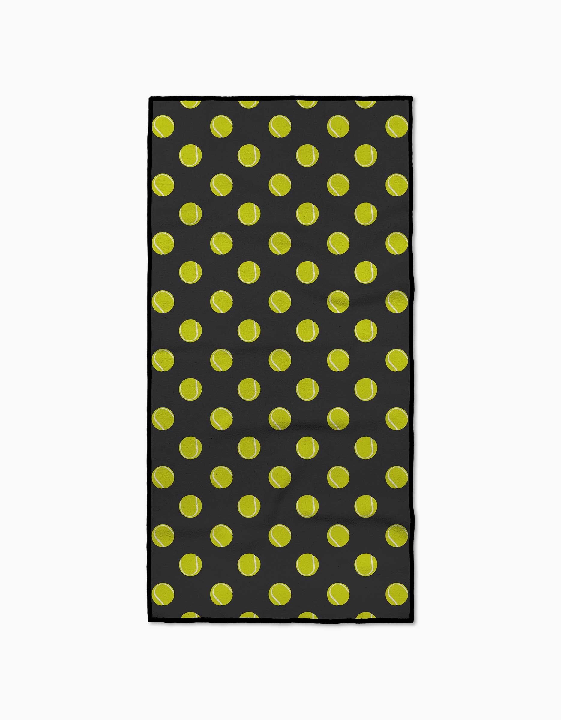 The Geometry Serve fitness towel features a black background with a repeating yellow tennis ball pattern and is made from ultra-absorbent recycled materials.
