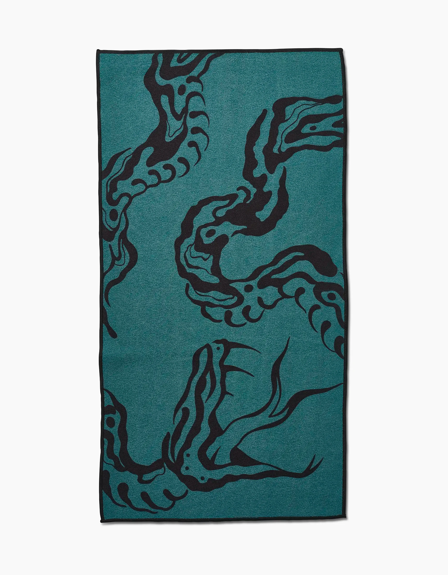 The Snake Fitness Towel by Cole Strem is a rectangular teal towel with abstract black, tentacle-like designs flowing across its ultra-absorbent surface.