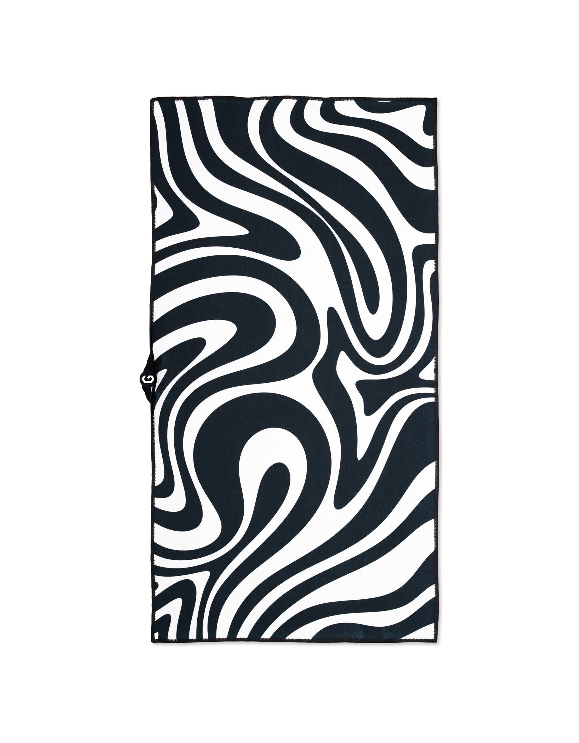 The GEOMETRY Magna - Swirls gym towel showcases a striking black and white abstract swirl design, creating a wavy, hypnotic effect on its ultra-absorbent rectangular surface.