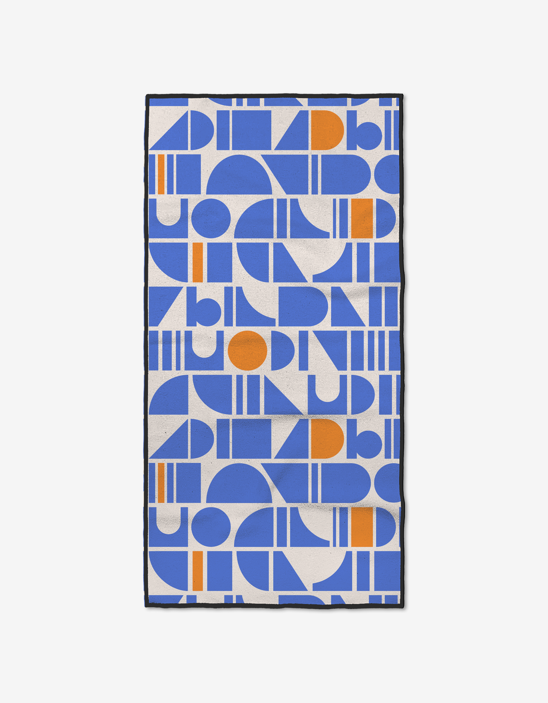 The Ultra Marine Harmony fitness towel by Happy Hemera features a geometric blue and orange pattern of circles, semicircles, and rectangles on white. Made from ultra-absorbent recycled materials with a black border.