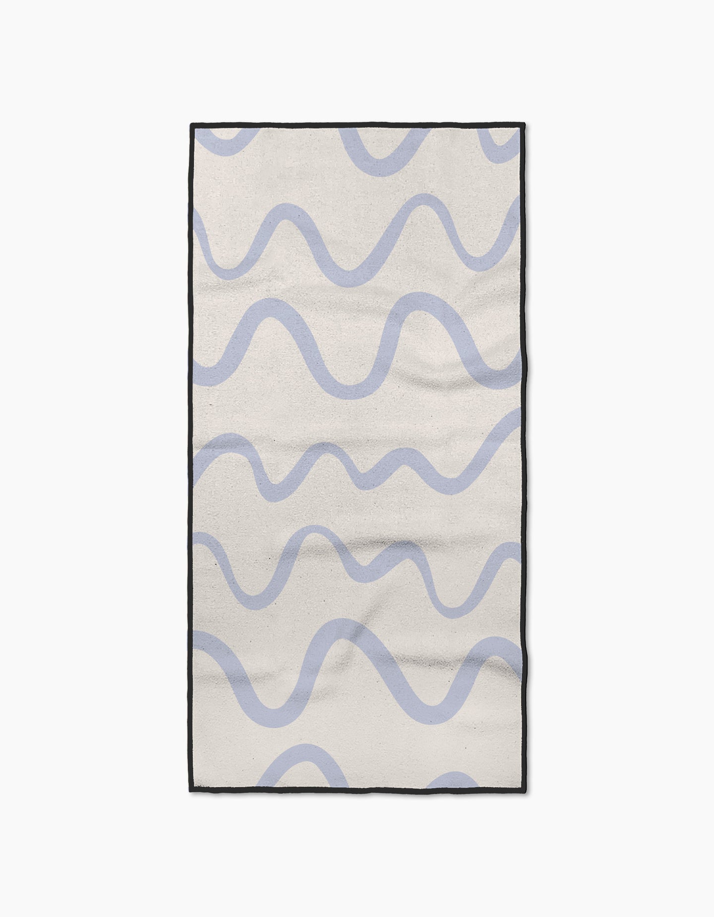 The Wavy Stripe in Blue rug by Teri the Butter features a cream base with light blue wavy stripes, a black border, and a simple, modern look. Made from ultra-absorbent materials for quick drying after spills or cleaning.