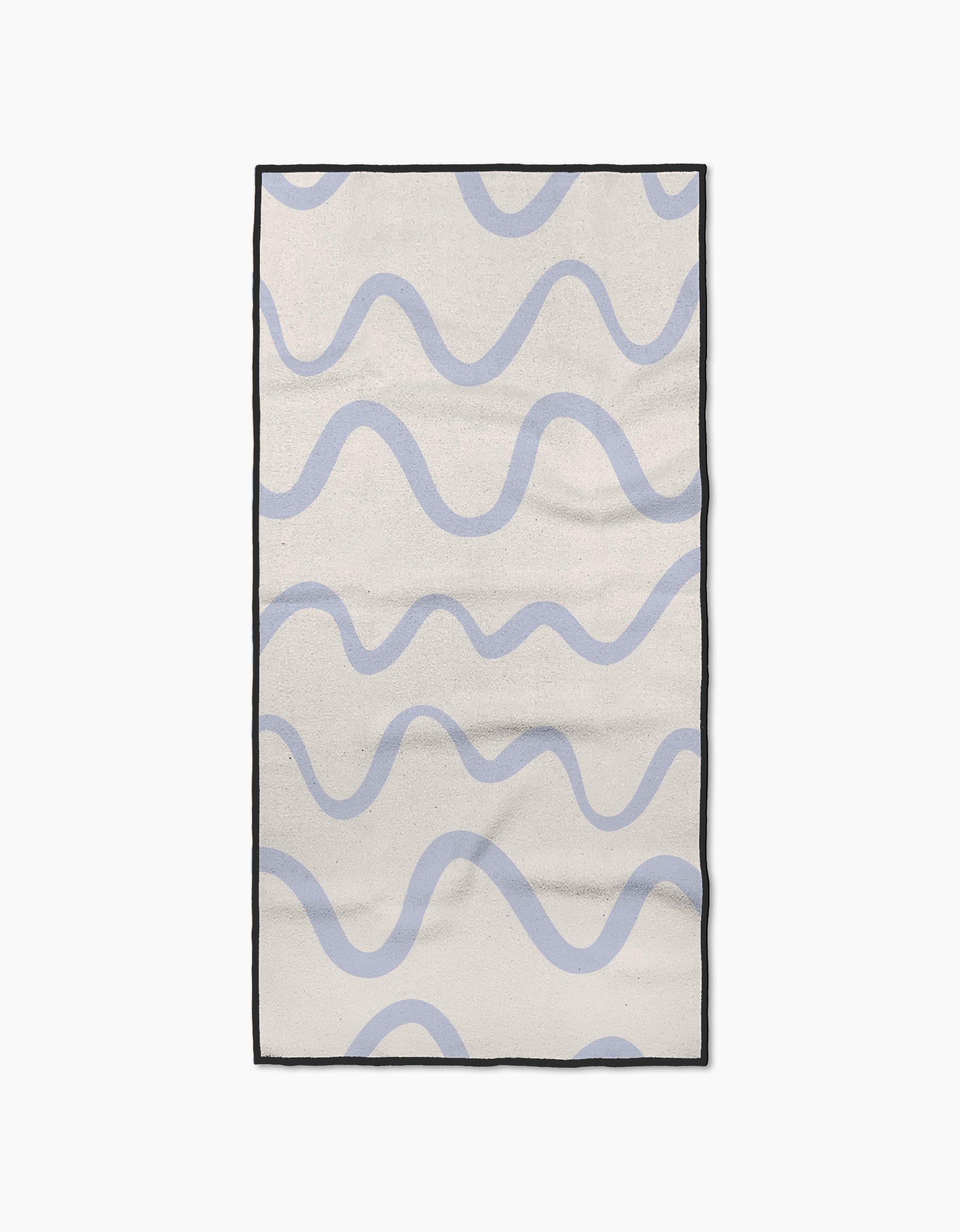 The Wavy Stripe in Blue rug by Teri the Butter features a cream base with light blue wavy stripes, a black border, and a simple, modern look. Made from ultra-absorbent materials for quick drying after spills or cleaning.