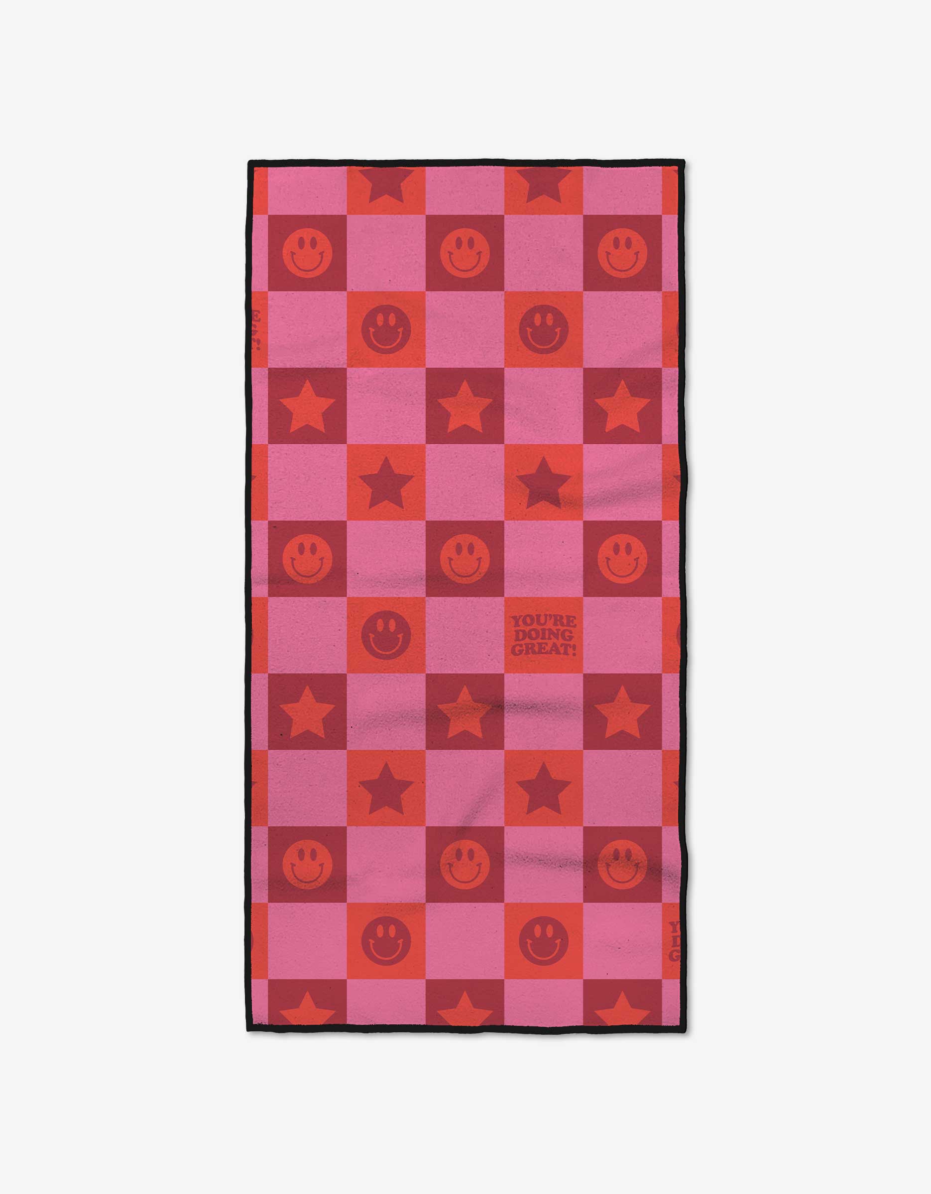 The Youre Doing Great towel by Quotes by Christie is a pink and red checkerboard fitness towel made from recycled materials, featuring smiley faces, stars, bold lettering, and ultra-absorbency for workouts.