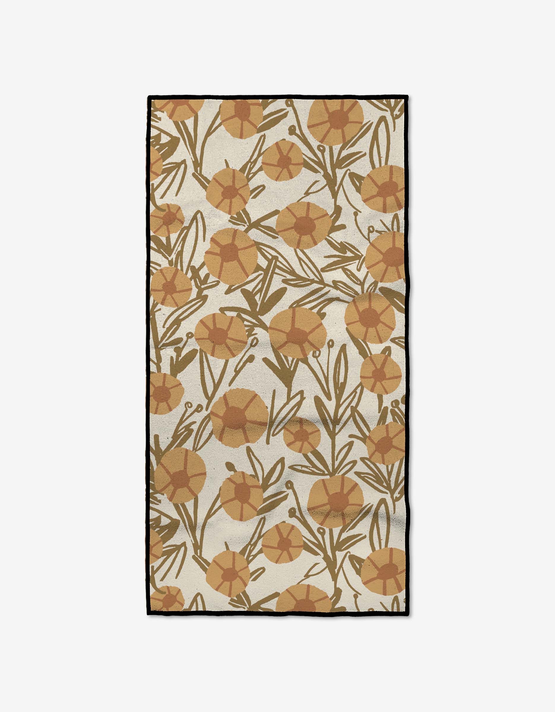 The Sunflower Fields Fitness Towel by Janna Sue Design features stylized orange and brown flowers with green stems on cream. Made from recycled materials, this ultra-absorbent towel has a slim black border around the edges.