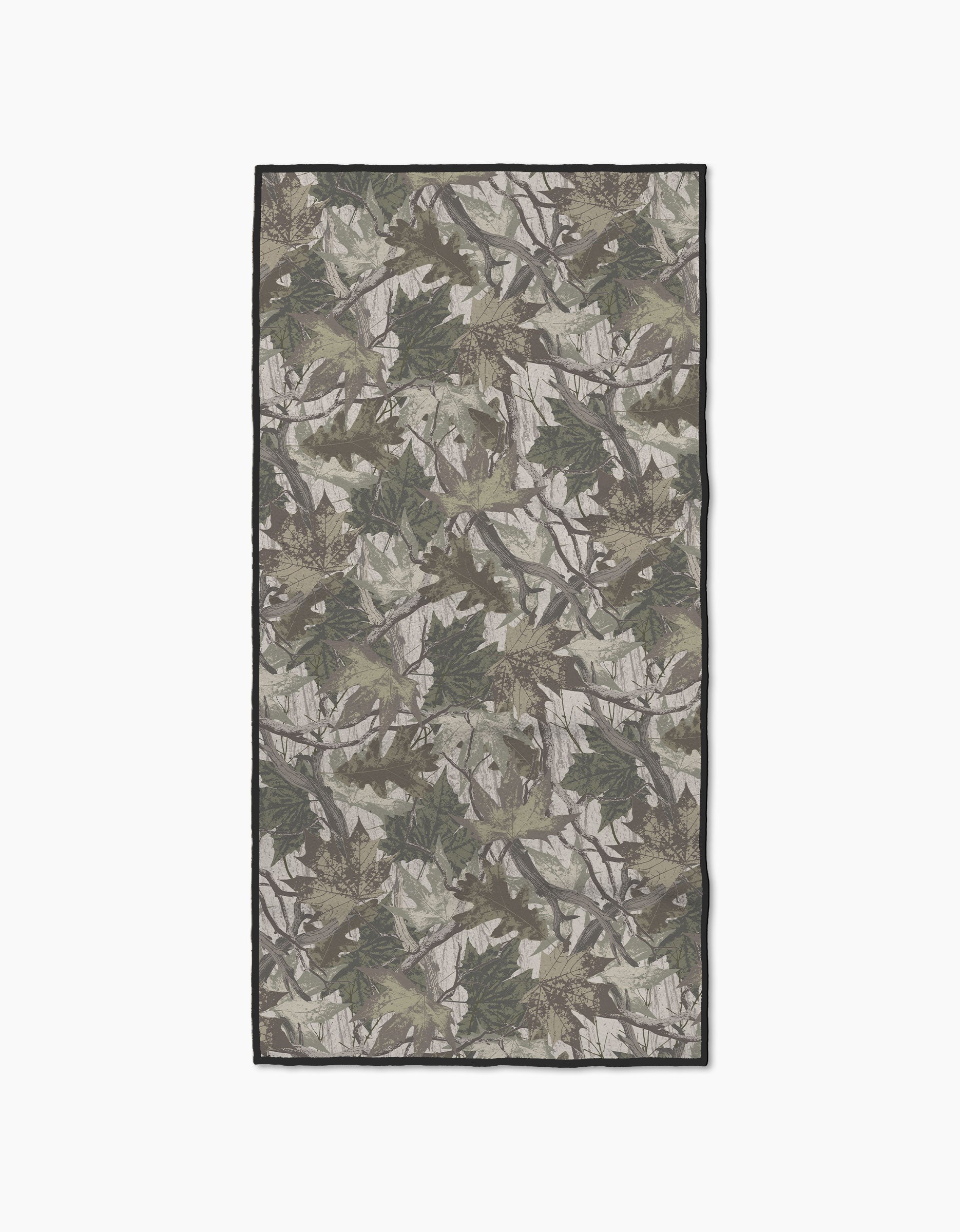 The Geometry Dad Camo fitness towel is rectangular, made from recycled materials, and showcases a green, brown, and gray camouflage pattern with leaf and branch designs on a plain white background.
