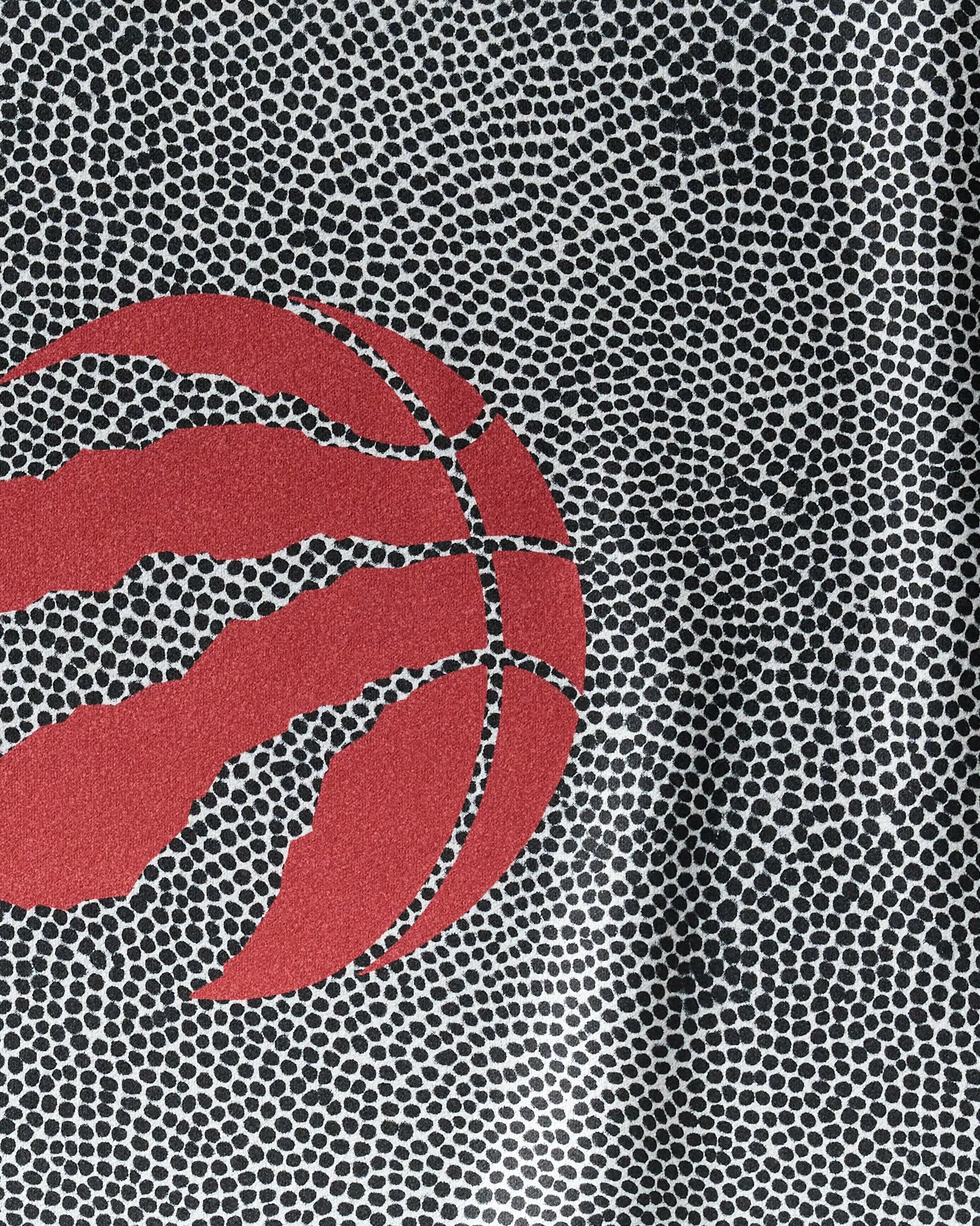 Close-up of the Raptors Grip towel by NBALAB x Geometry, showcasing a textured black and white background with a red basketball logo featuring three claw marks—ideal as an NBA fitness or quick-dry gym towel.