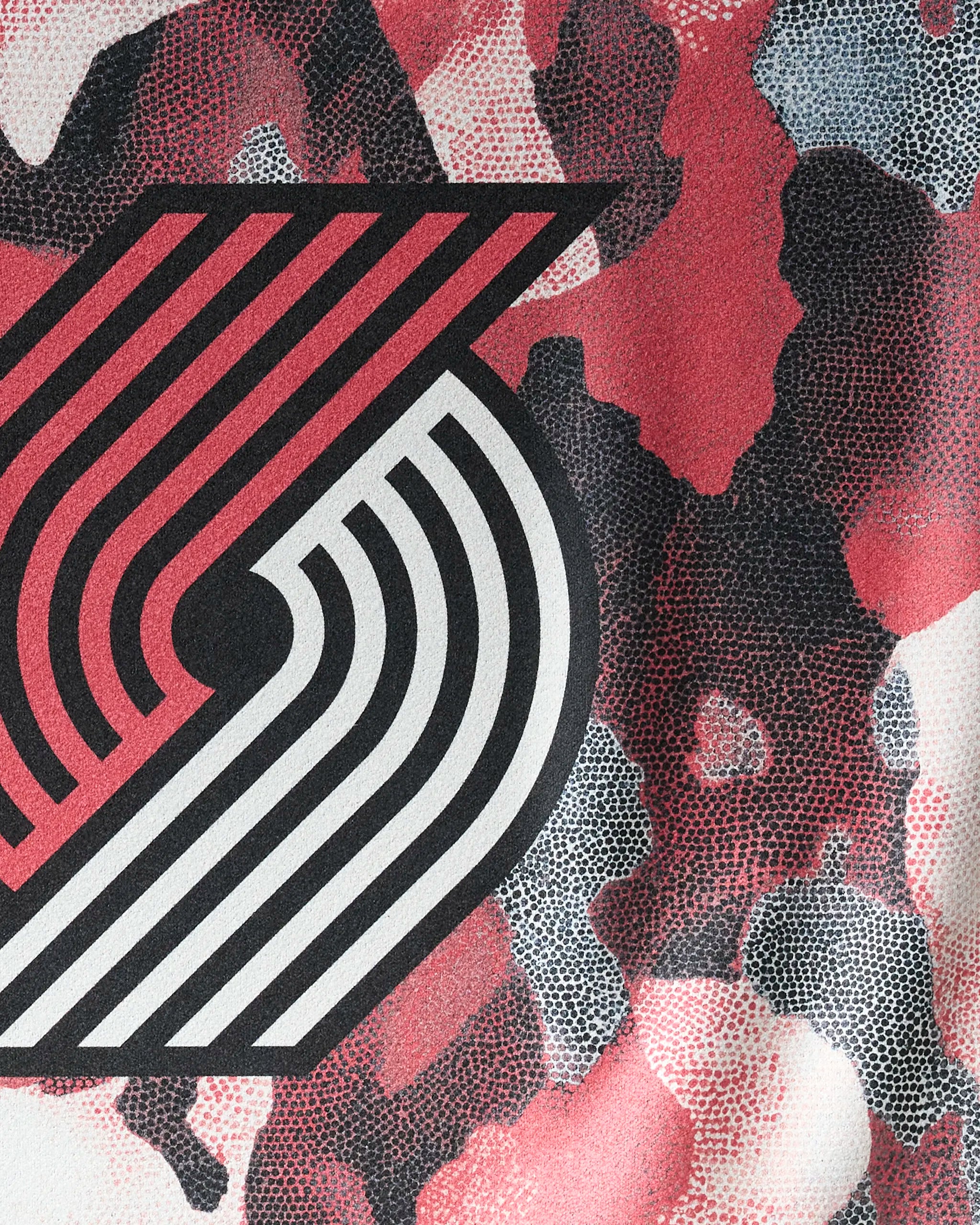 The image features the Portland Trail Blazers logo in black and white over a red, black, gray, and white camo pattern—perfectly showcased on the NBALAB x Geometry "Trail Blazers Camo" quick-drying NBA fitness towel for devoted fans.