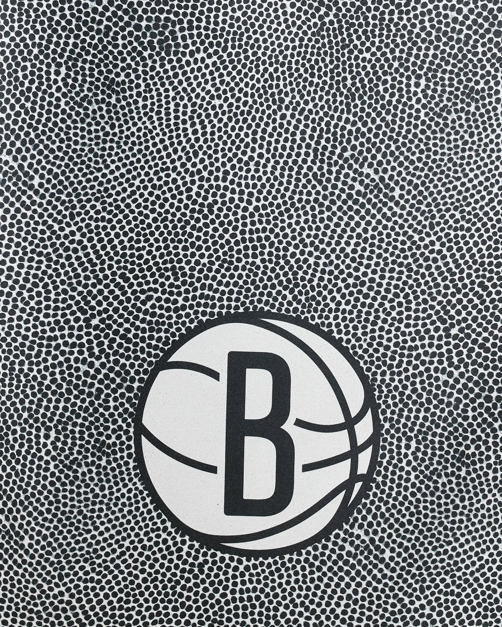 A black-and-white image features the Nets Grip basketball with a bold "B" in the center, created by NBALAB x Geometry, set on a dotted background—ideal inspiration for an NBA beach towel design.