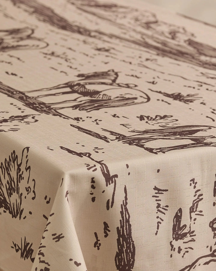The Geometry Western Scene tablecloth, in beige with a dark brown scenic line drawing of birds and reeds, offers a textured, stylish, and stain-resistant design—practical for everyday use.