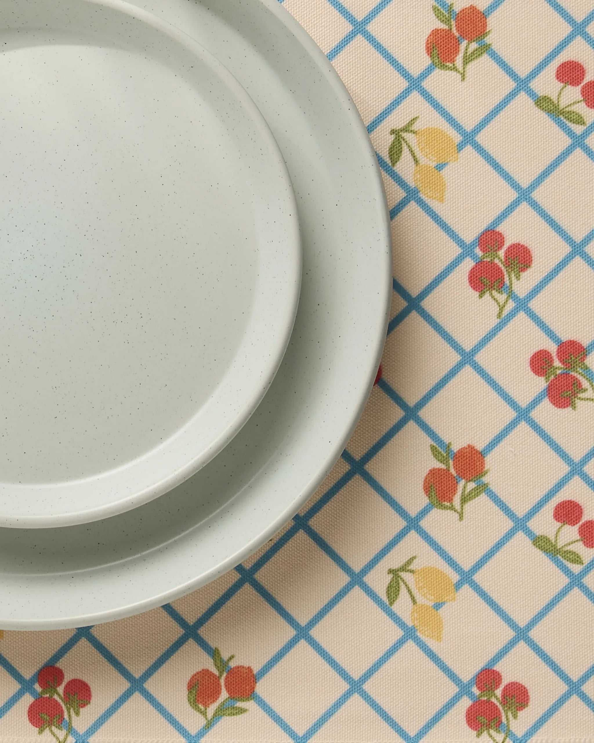 Two white ceramic plates stacked on a table with Geometry’s Italian Summer Grid blue-grid tablecloth adorned with red and yellow fruit patterns, complemented by machine washable placemats for easy cleanup.