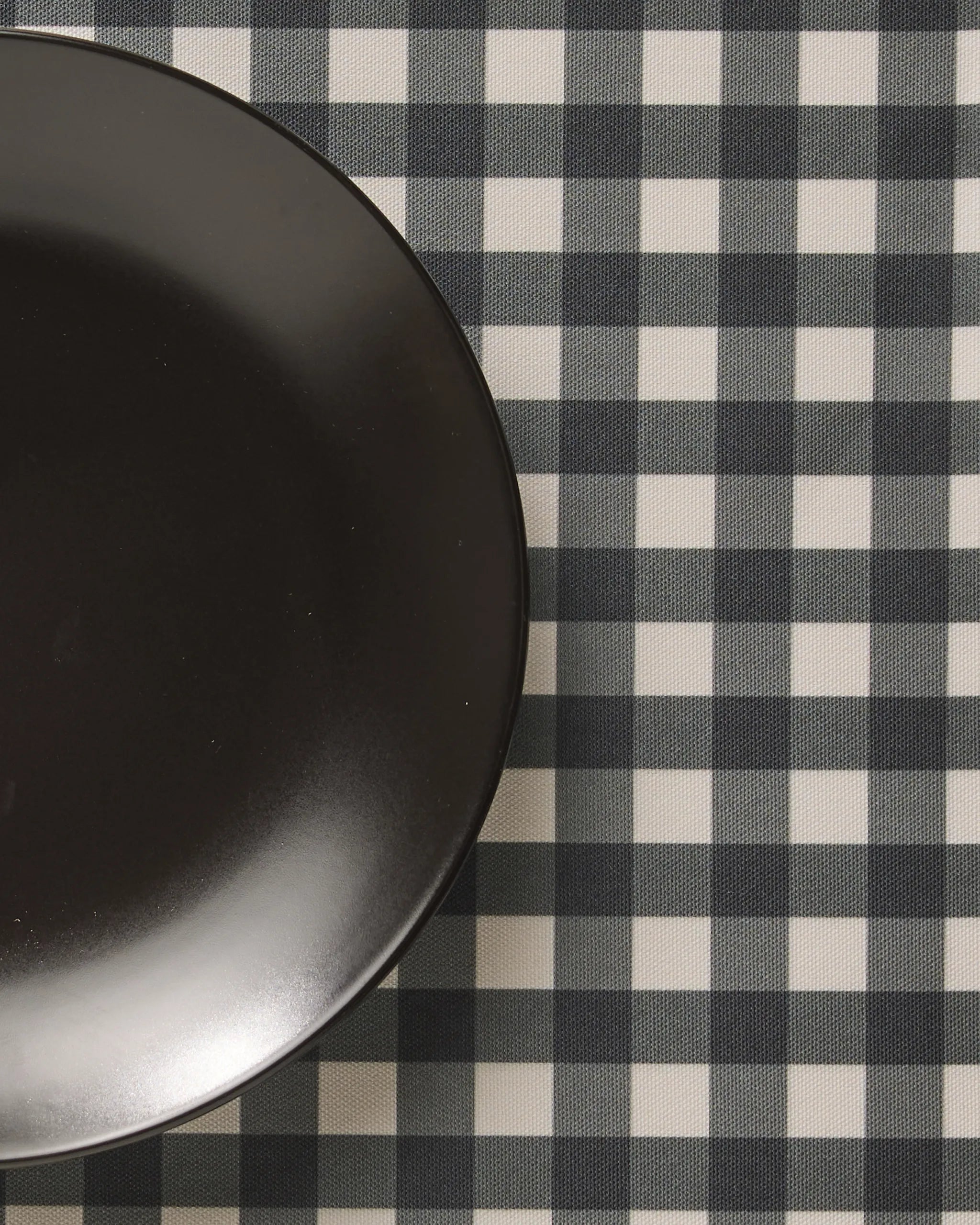 A black plate sits on the left side of a checkered tablecloth with a black and white Charcoal Gingham pattern from Geometry, featuring stylish, machine washable placemats for easy care.