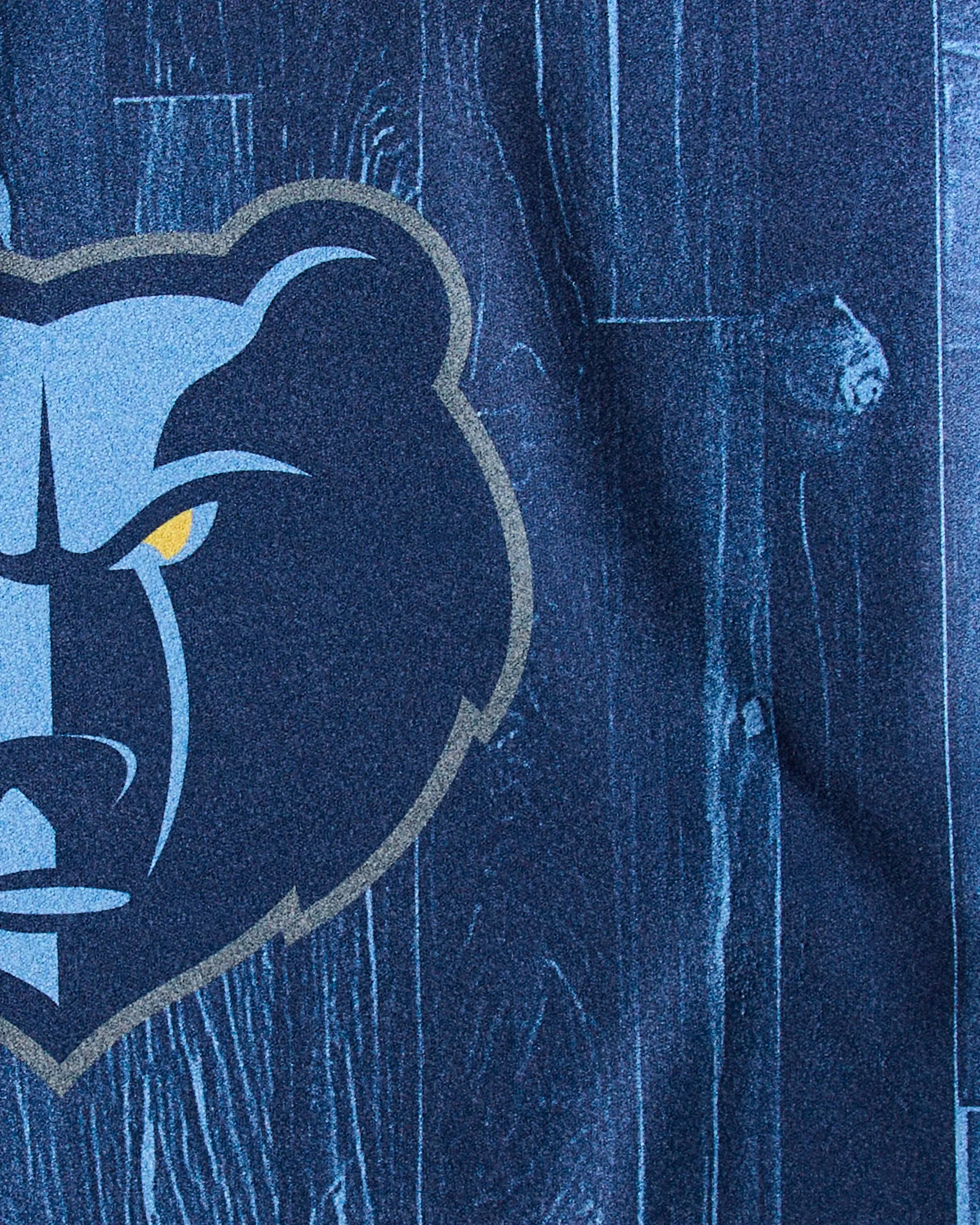 Close-up of the Memphis Grizzlies logo—featuring a yellow-eyed bear—set on dark blue wood. The perfect design for Grizzlies Zone, the quick-drying gym towel by Geometry, ideal for any NBA fitness towel collection.